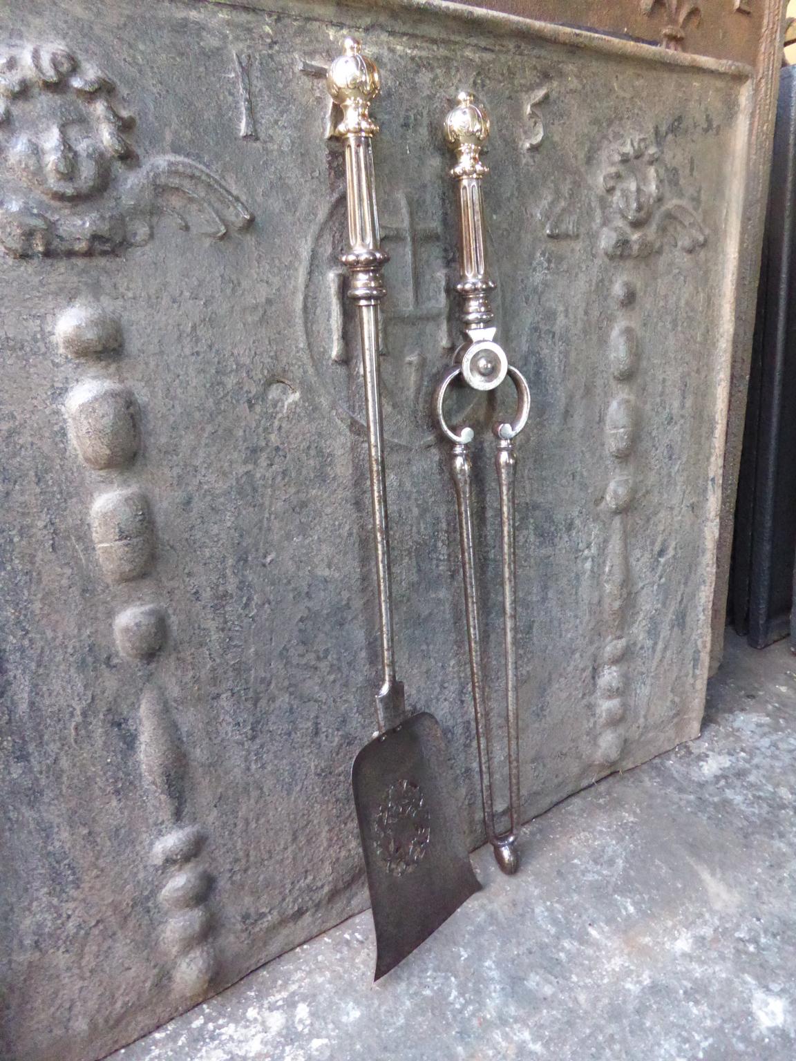 Polished Large English Georgian Fireplace Tool Set or Fire Irons, 19th Century For Sale