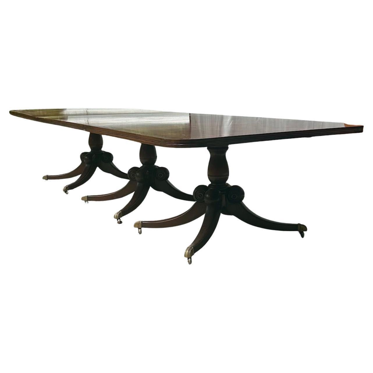 Inlay Large English Georgian Mahogany Triple Pedestal Extension Dining Table