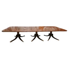 Large English Georgian Mahogany Triple Pedestal Extension Dining Table