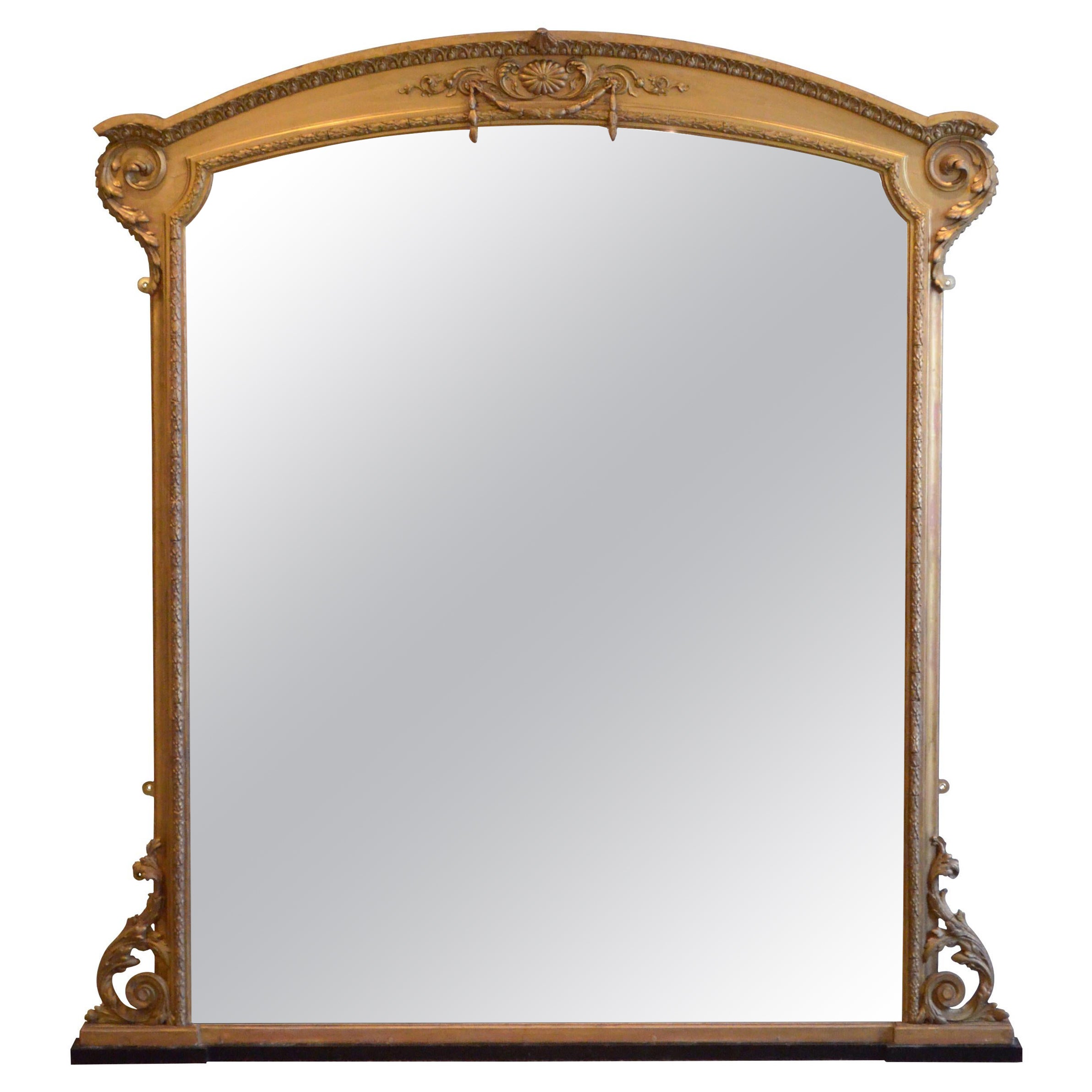 Grand miroir de cheminée anglais en bois doré, de forme arquée, H 170 cm