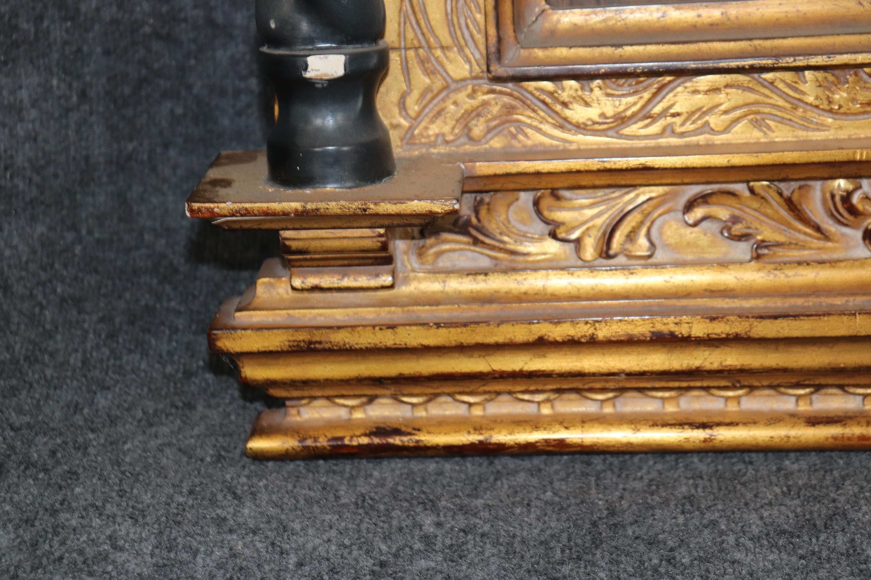 Large English Gothic Continental Style Ebonized Gilded Mantle Buffet Mirror In Good Condition For Sale In Swedesboro, NJ