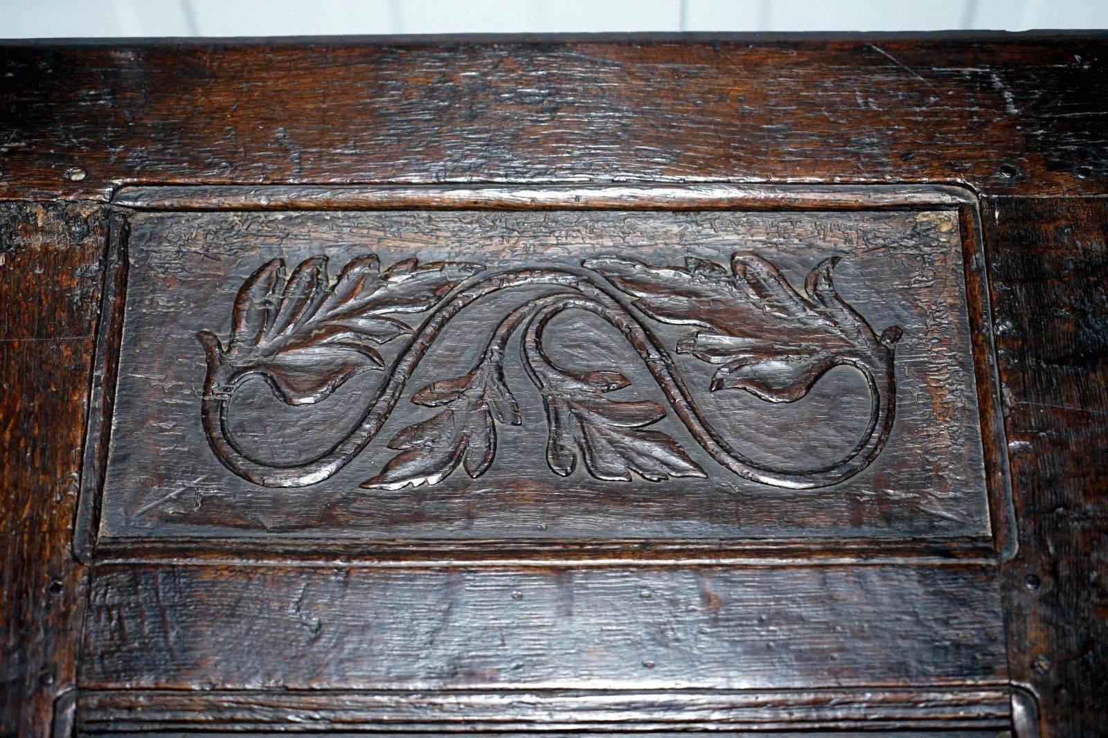 British Large English Gothic Early 16th Century Coffer Trunk Chest Bo Hand-Carved Wood