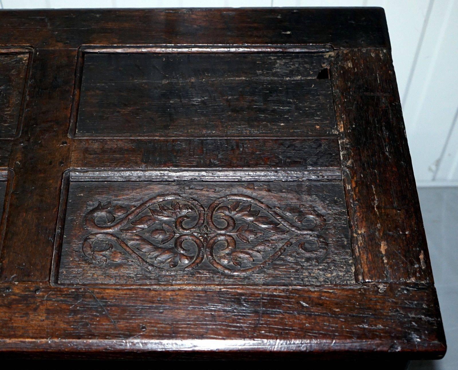 18th Century and Earlier Large English Gothic Early 16th Century Coffer Trunk Chest Bo Hand-Carved Wood