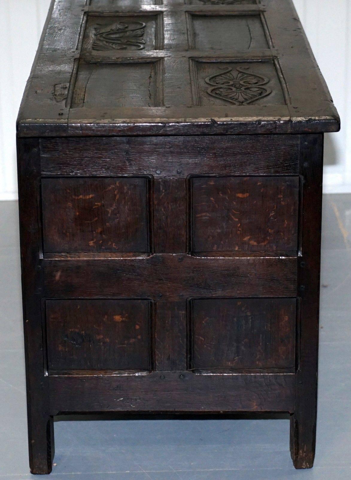 Hardwood Large English Gothic Early 16th Century Coffer Trunk Chest Bo Hand-Carved Wood