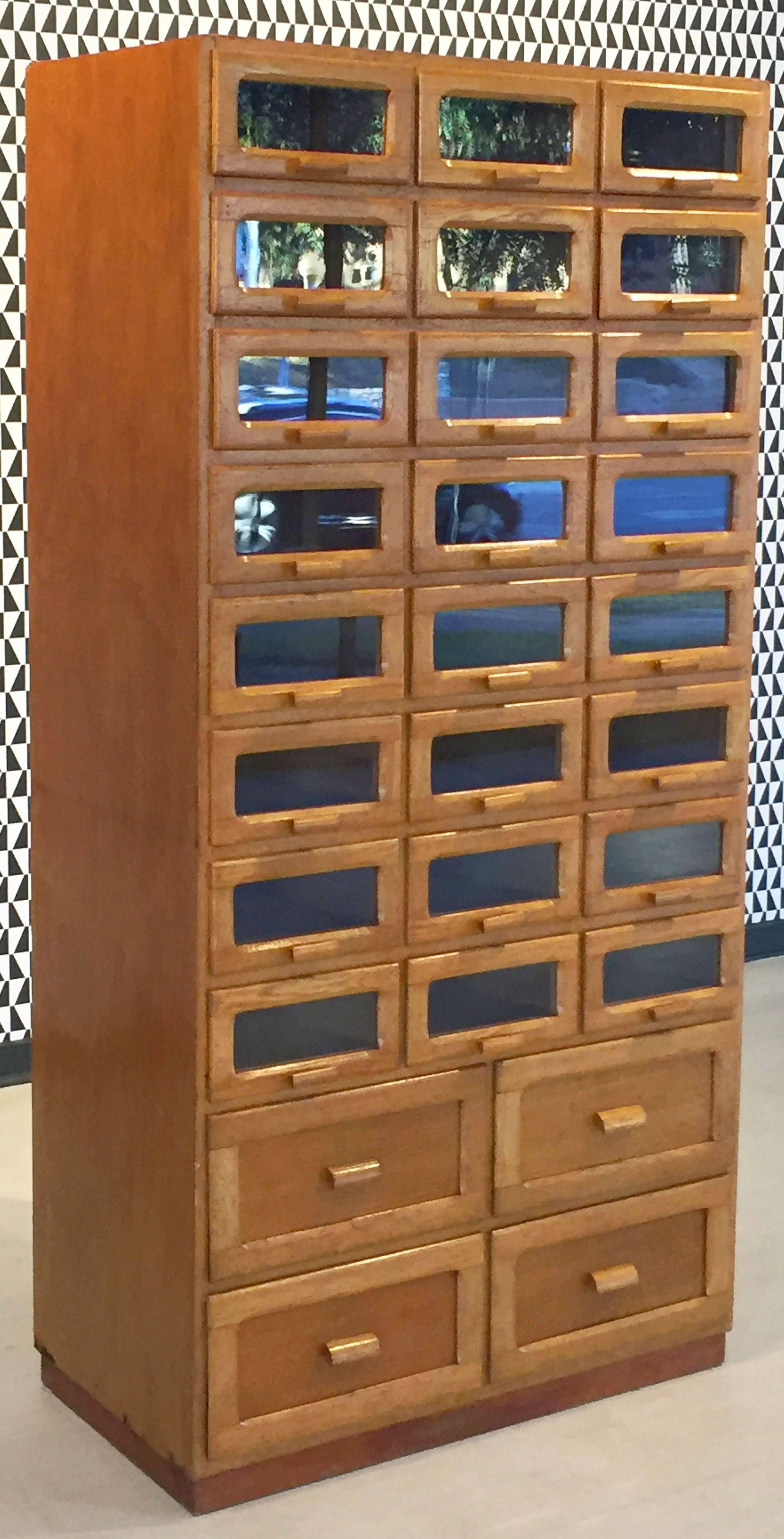 Large English Haberdasher's Cabinet with Glass-Fronted Drawers In Good Condition In Austin, TX