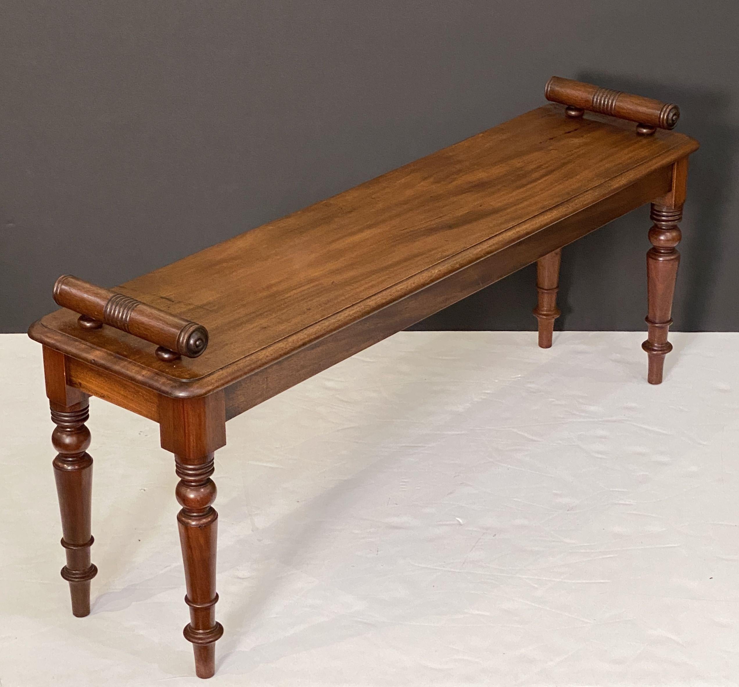 Large English Hall Bench or Window Seat of Mahogany on Turned Legs 5