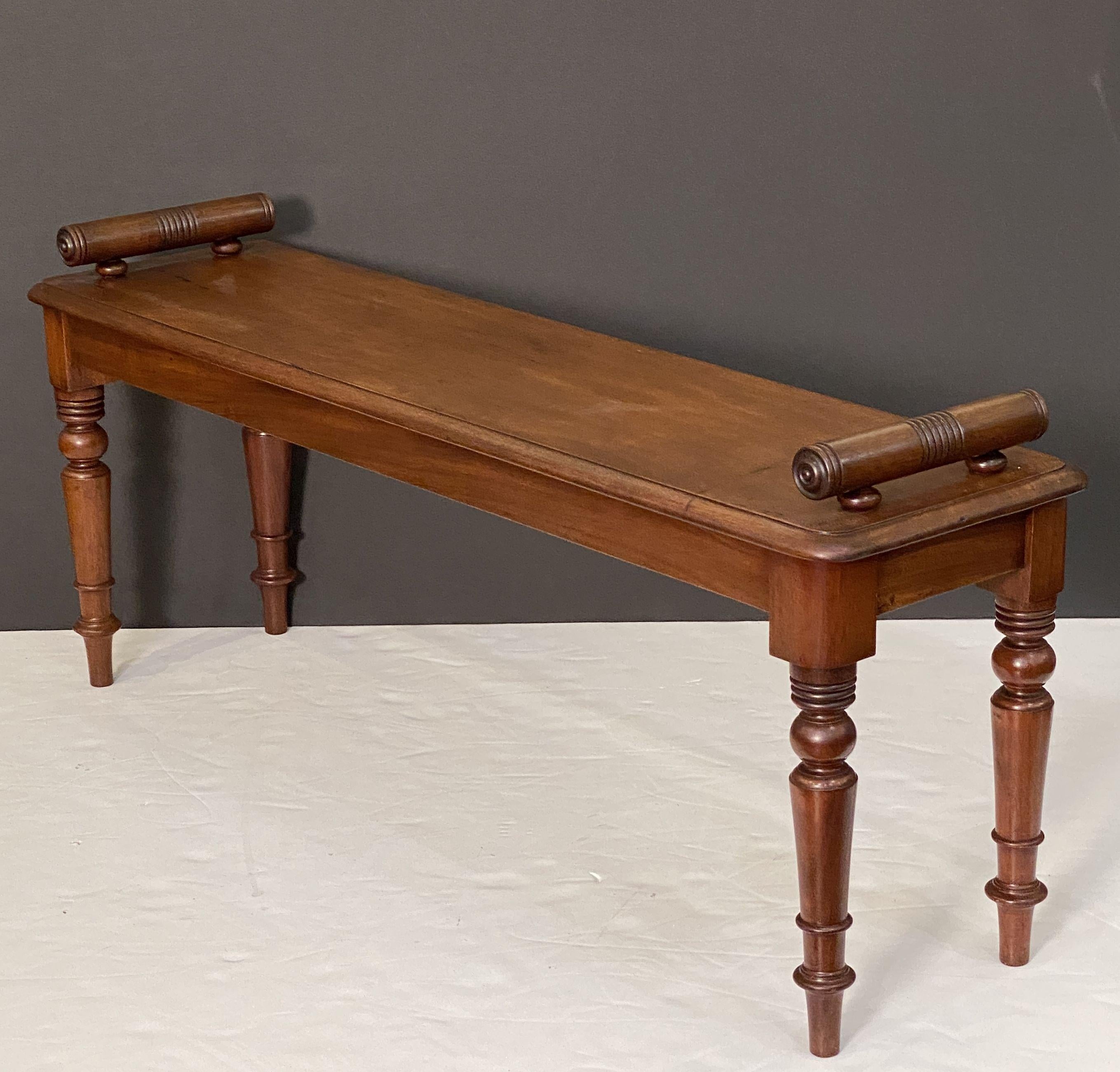 Large English Hall Bench or Window Seat of Mahogany on Turned Legs 6