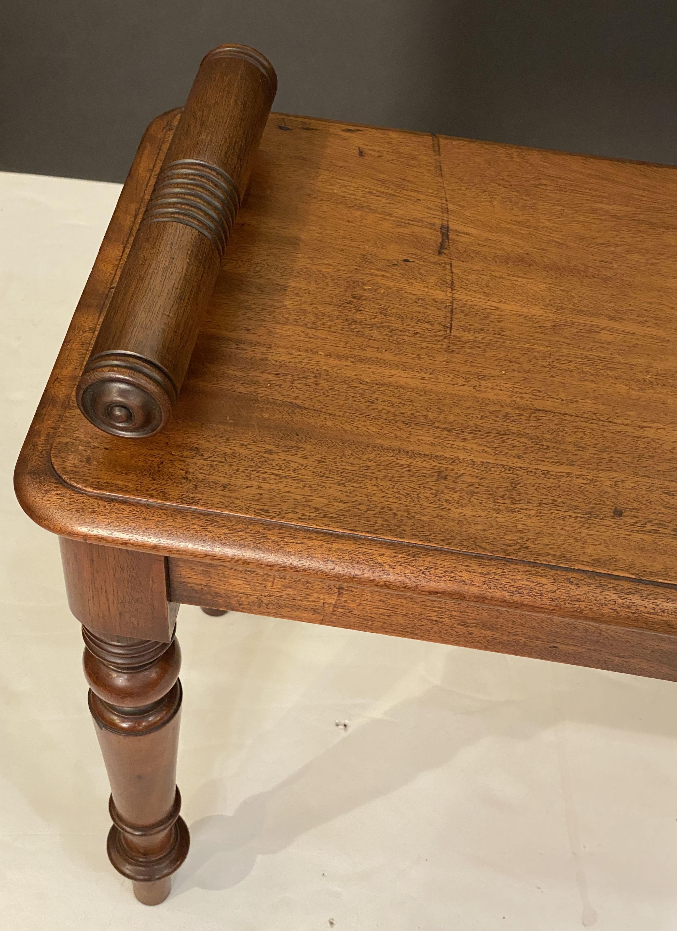 Large English Hall Bench or Window Seat of Mahogany on Turned Legs 2