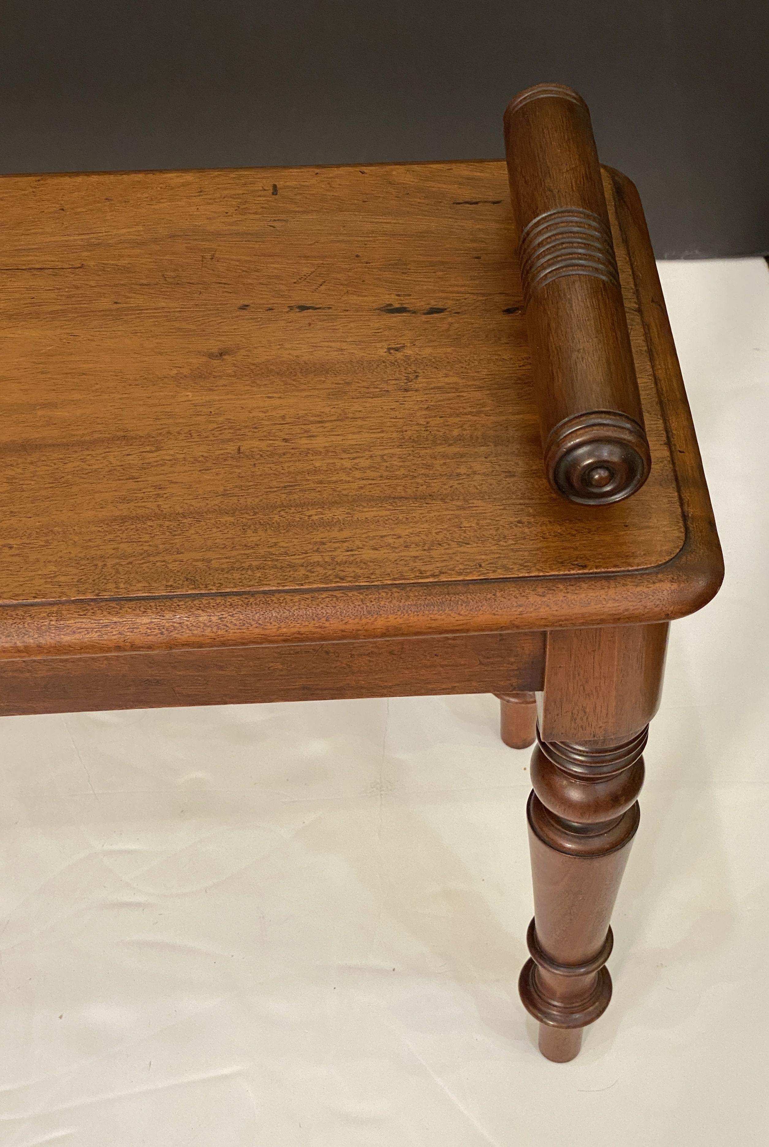 Large English Hall Bench or Window Seat of Mahogany on Turned Legs 3