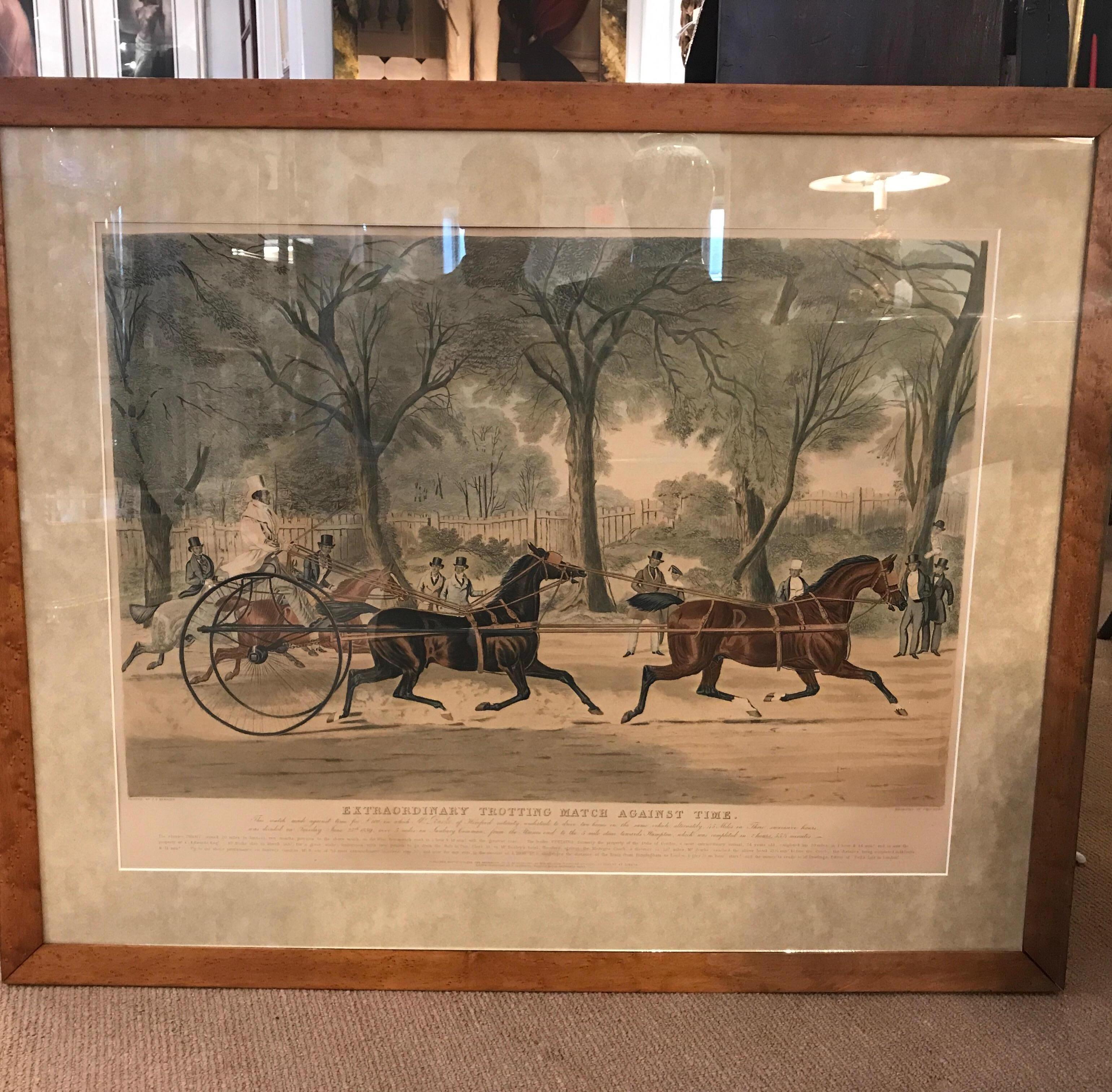 A hand colored engraving of a sulky horse race, England, 1839. Great original print with some toning published by Ackerman, after a painting by J.F. Herring, engraved by Chris Hunt. Framed in a later custom bird’s-eye maple frame under glass.