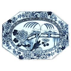 Large English Irish Delftware Blue and White Platter, Chinoiserie, Circa 1750