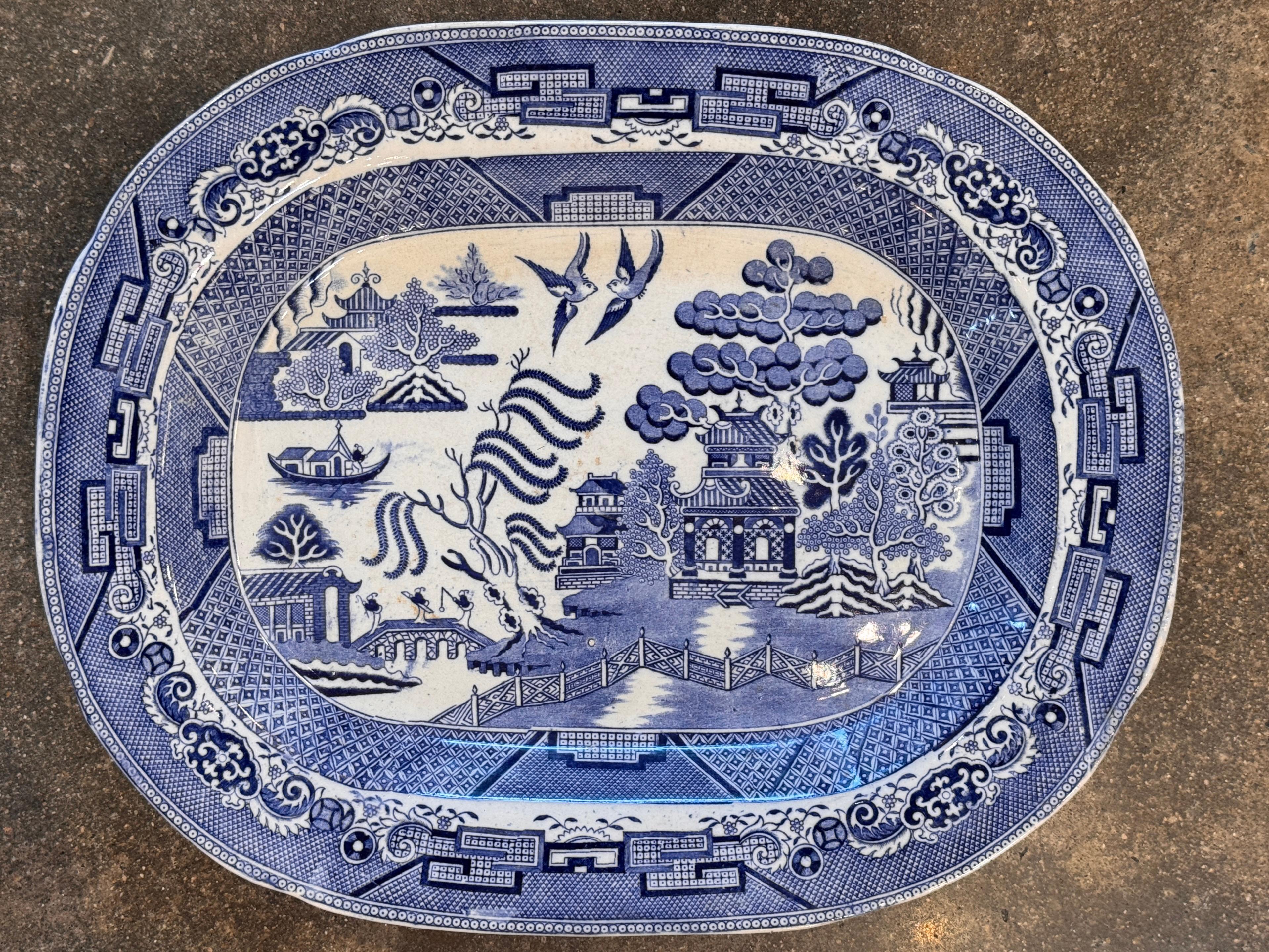 British Large English Ironstone Platter With Blue Willow Pattern For Sale