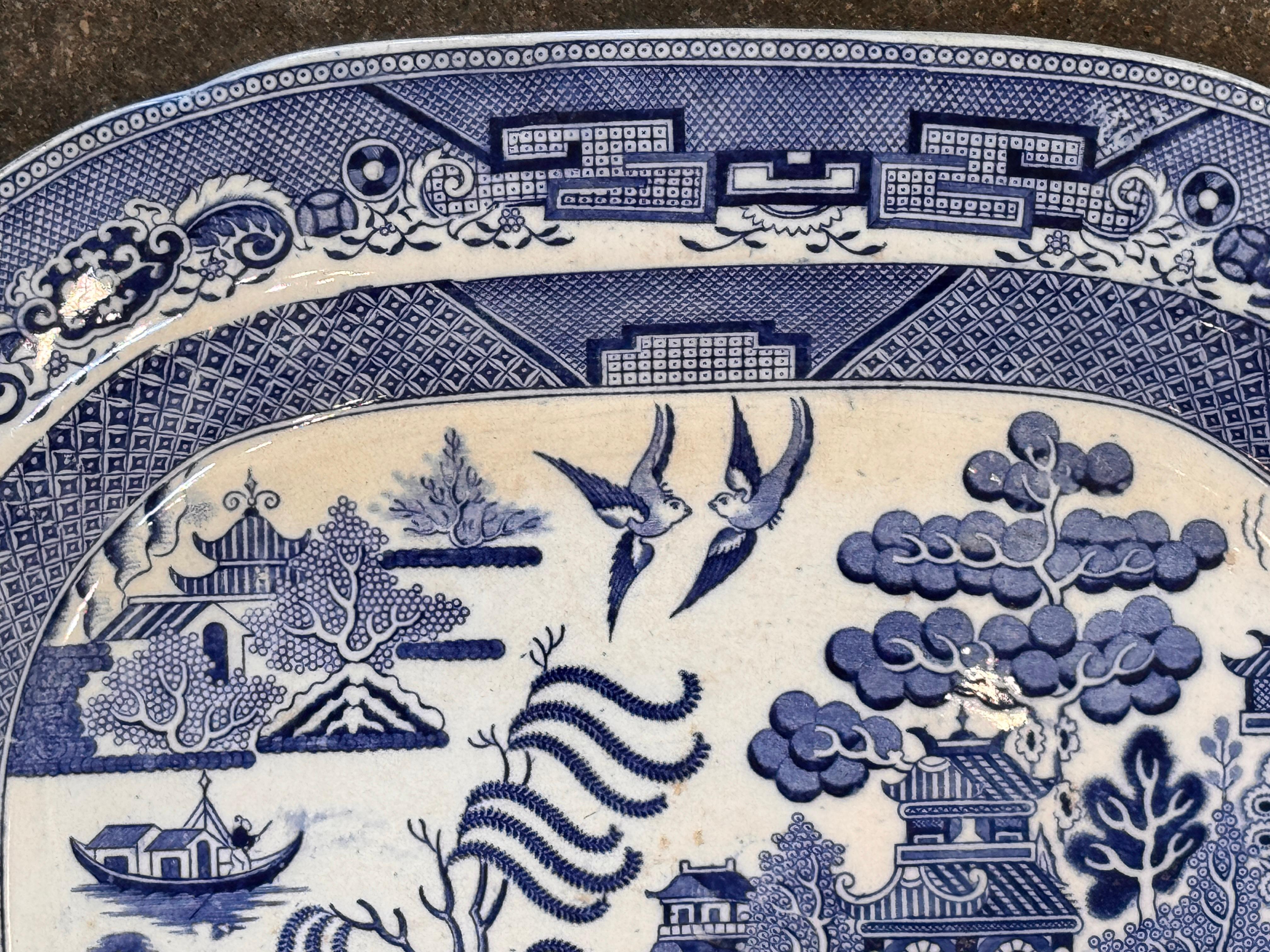 19th Century Large English Ironstone Platter With Blue Willow Pattern For Sale