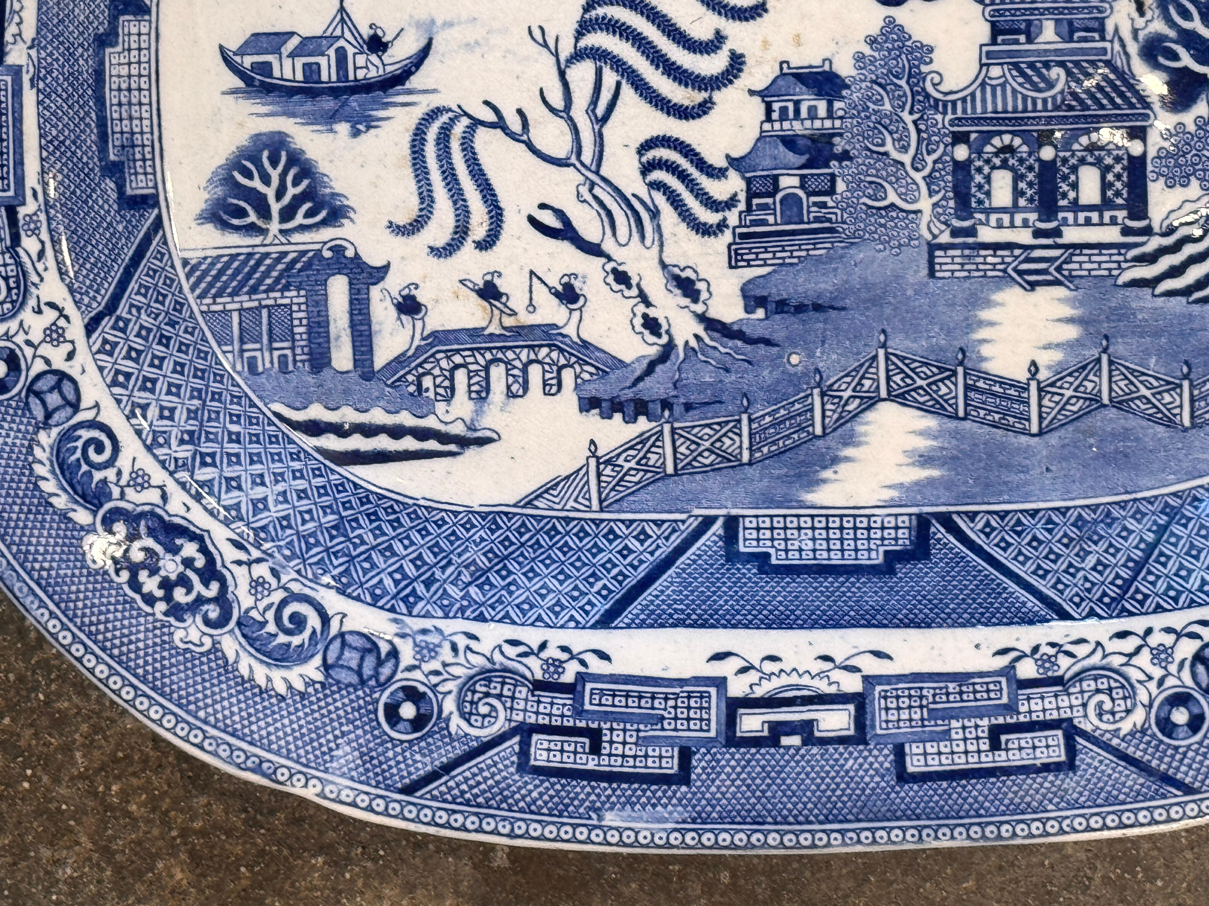 Large English Ironstone Platter With Blue Willow Pattern For Sale 1