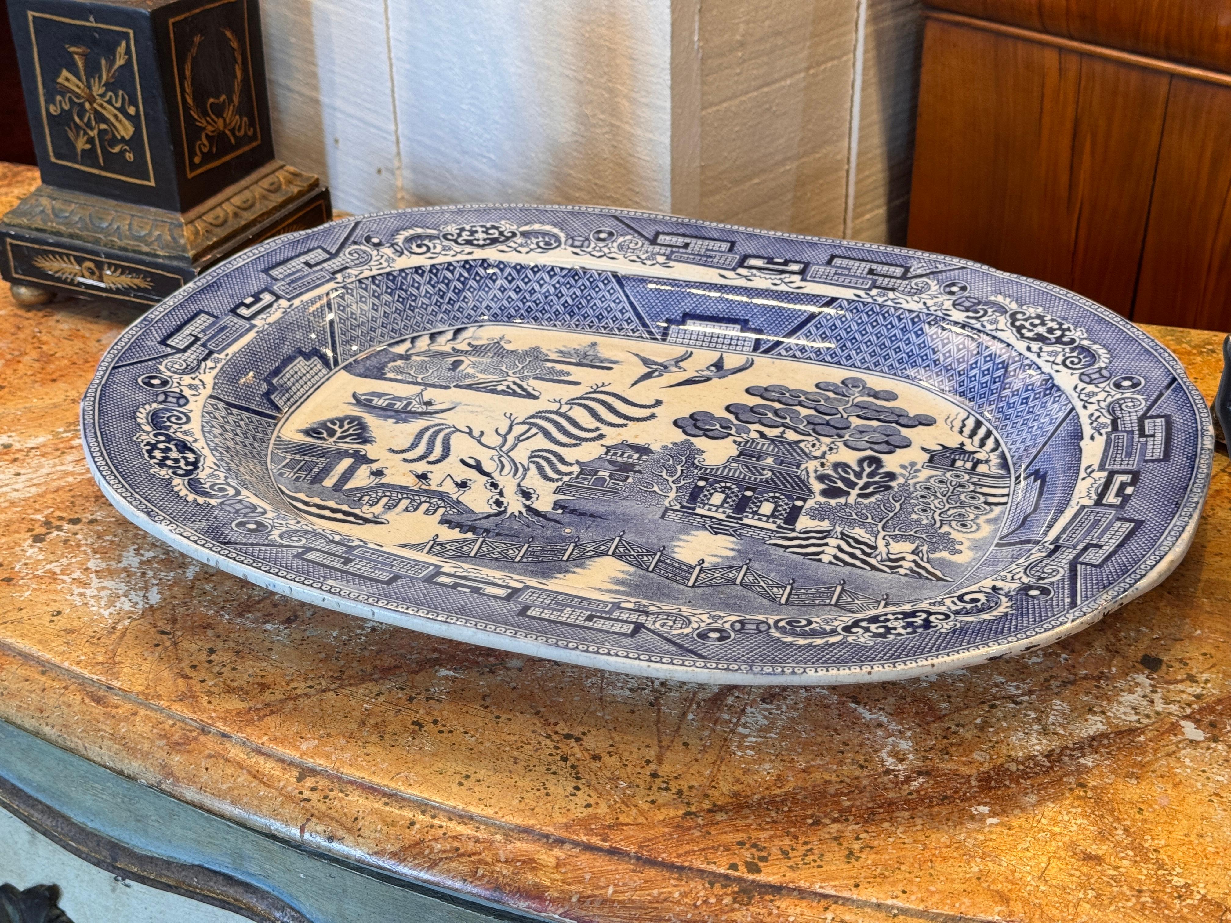 Large English Ironstone Platter With Blue Willow Pattern For Sale 2