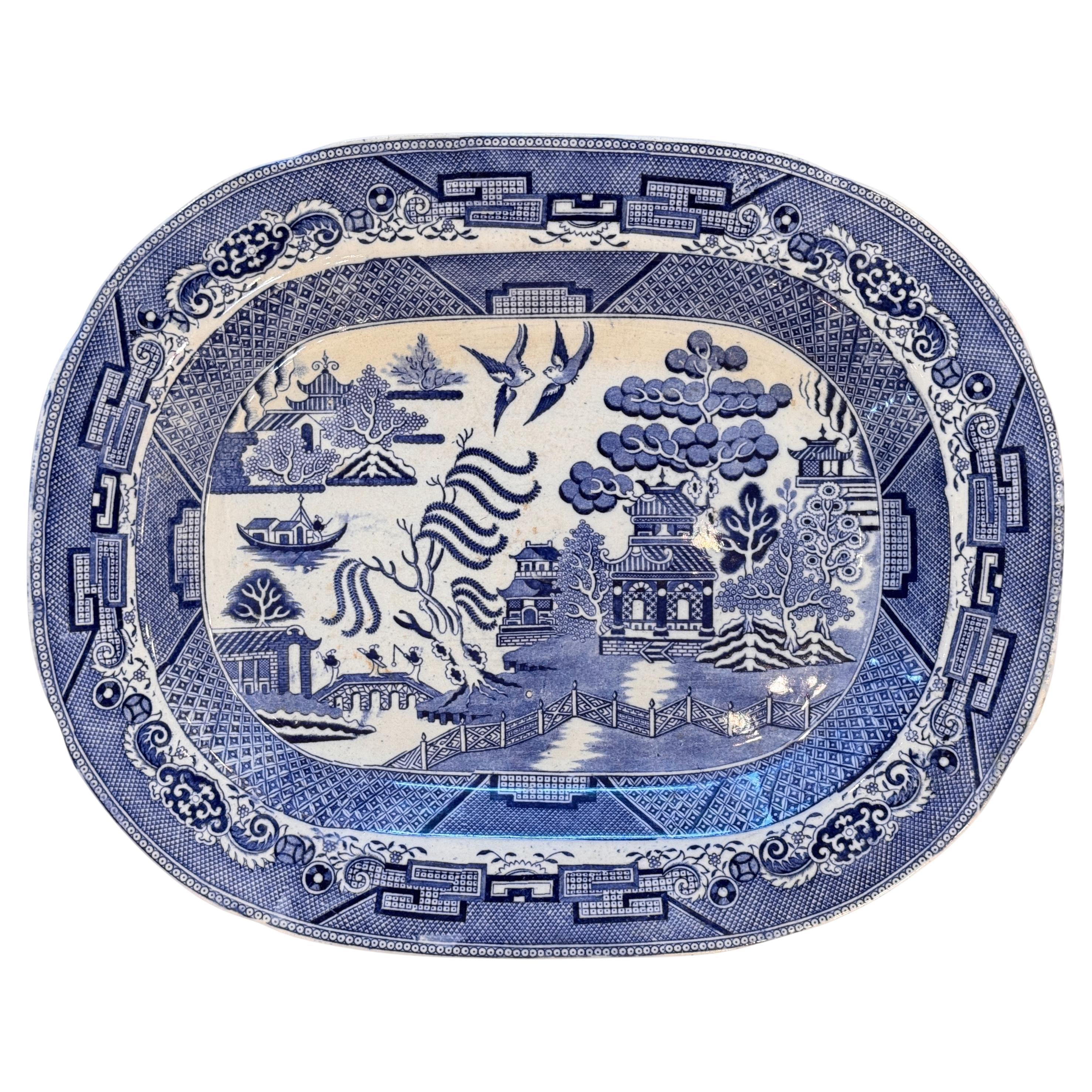 Large English Ironstone Platter With Blue Willow Pattern For Sale