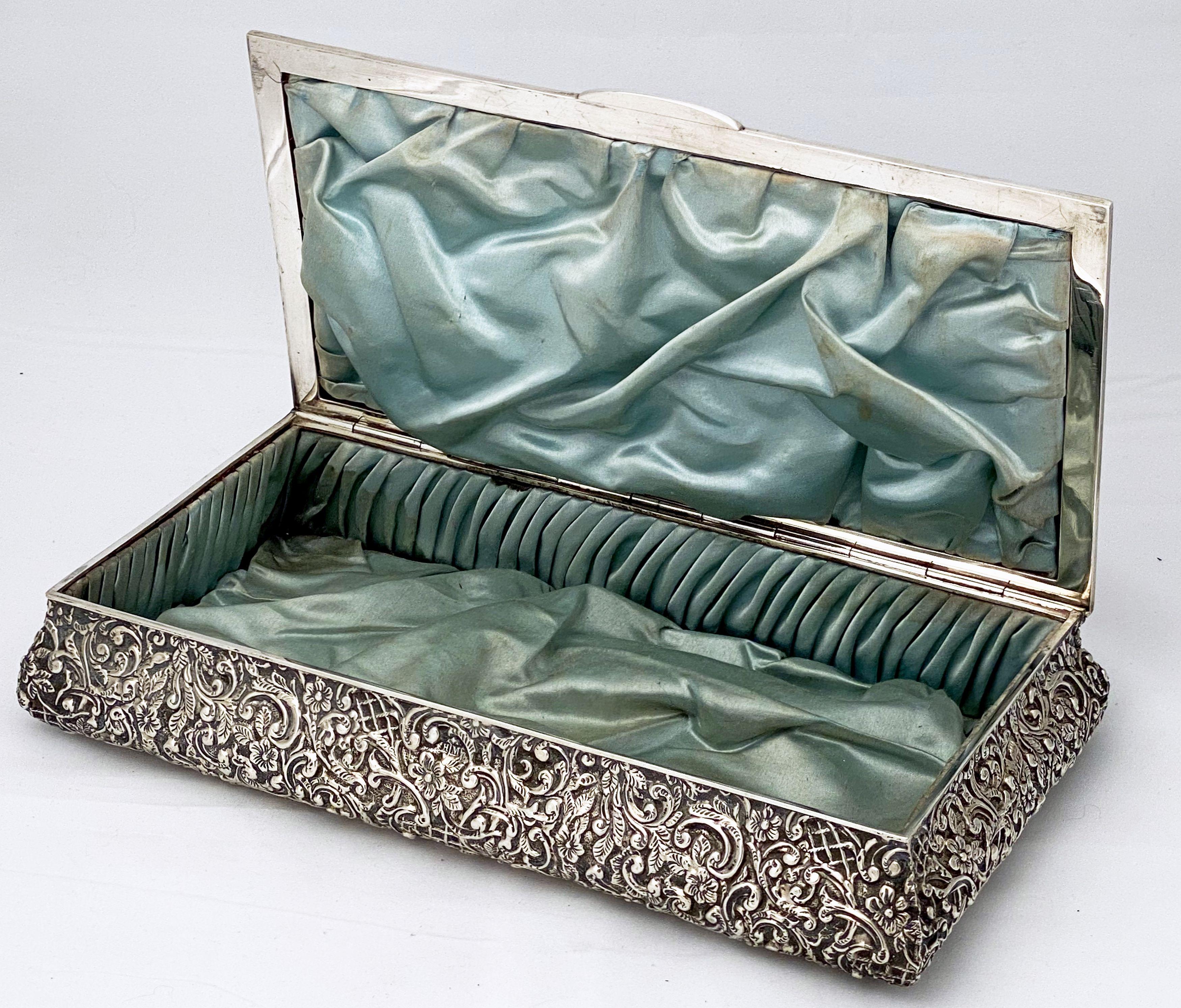 Edwardian Large English Jewelry Box of Sterling Silver by Henry Matthews
