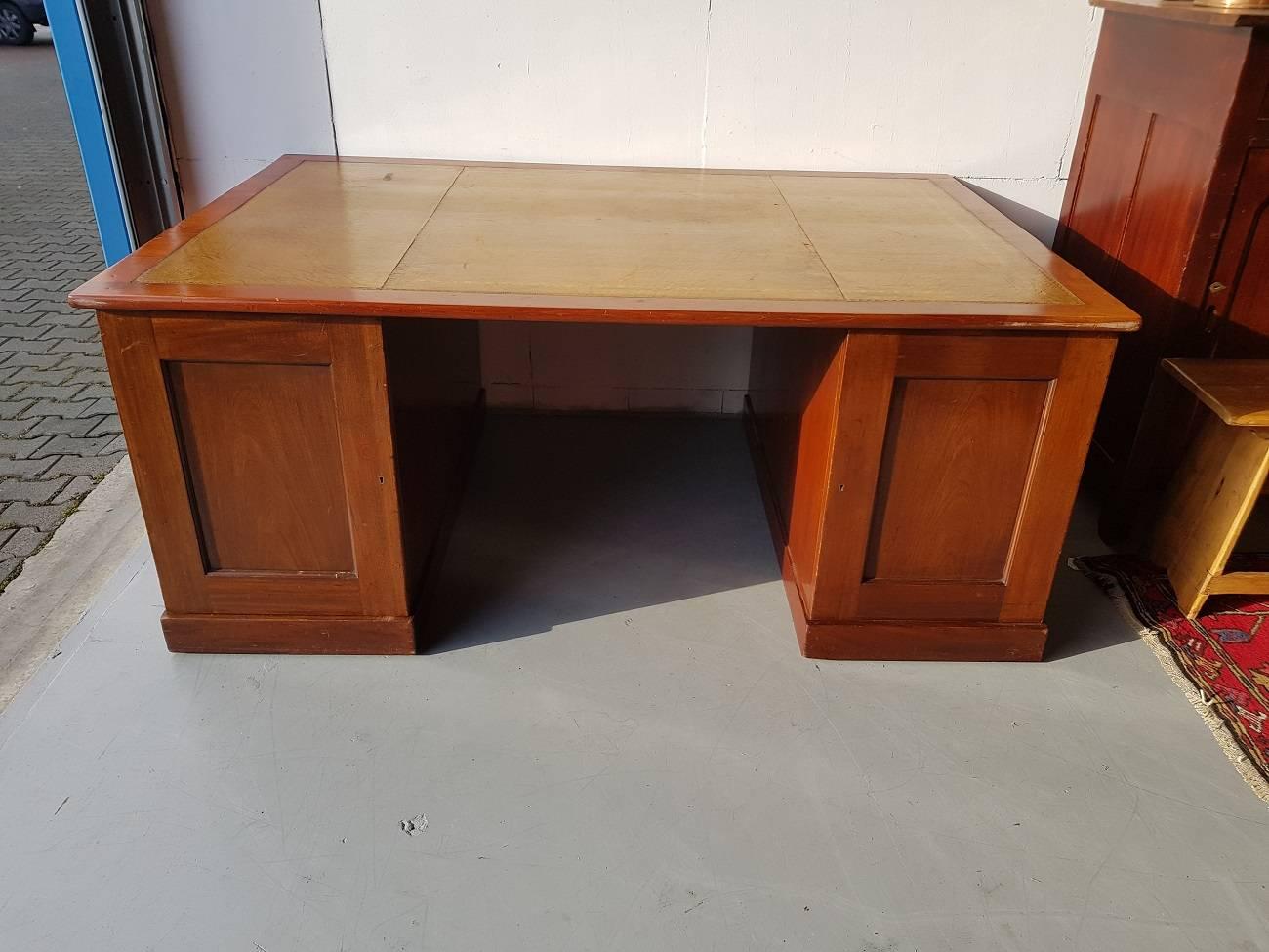 Large English Mahogany Desk with Leather Top and Made circa 1900 2