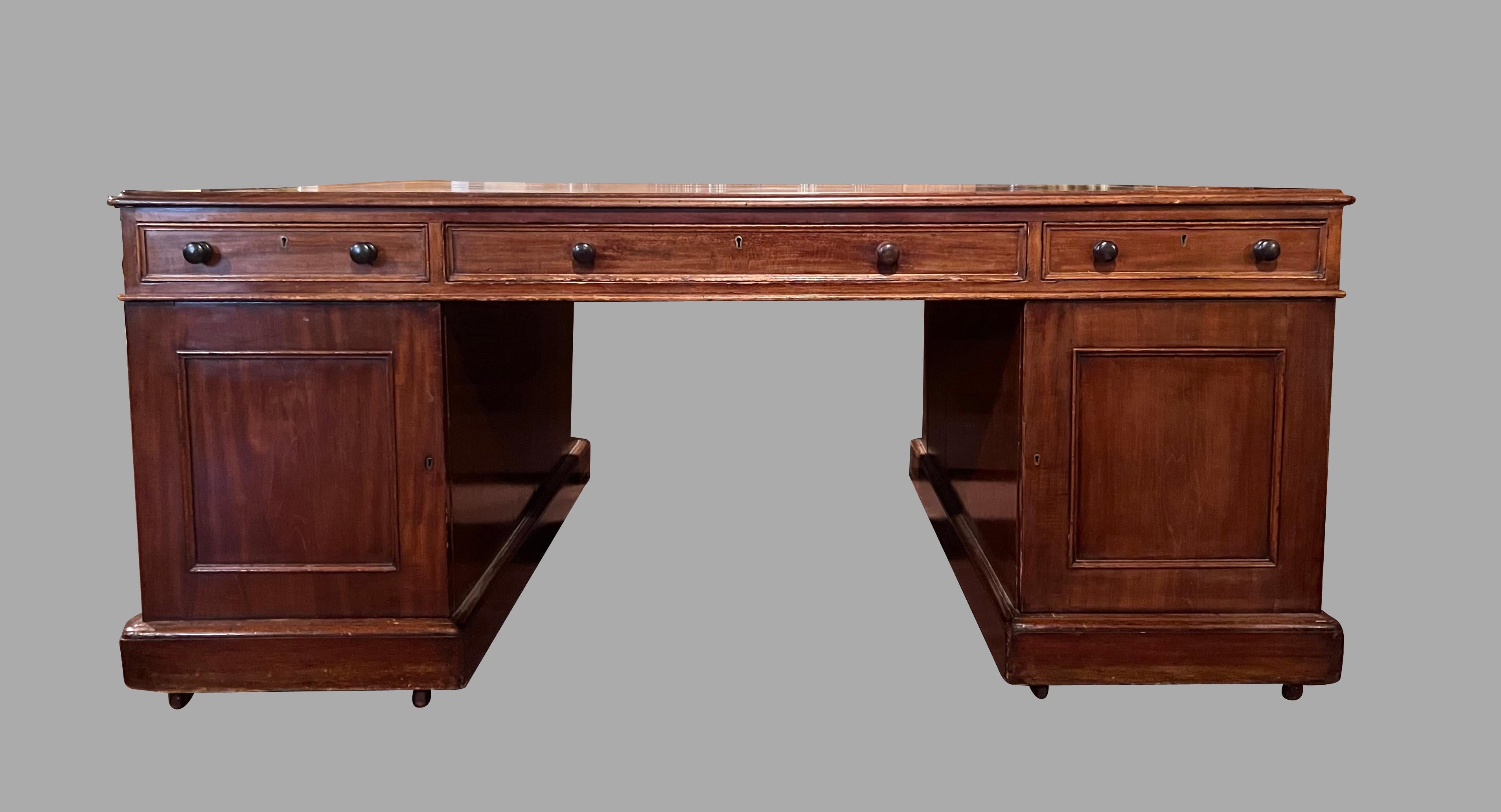 Georgian Large English Mahogany Partners Desk with Gilt-Tooled Brown Leather Top