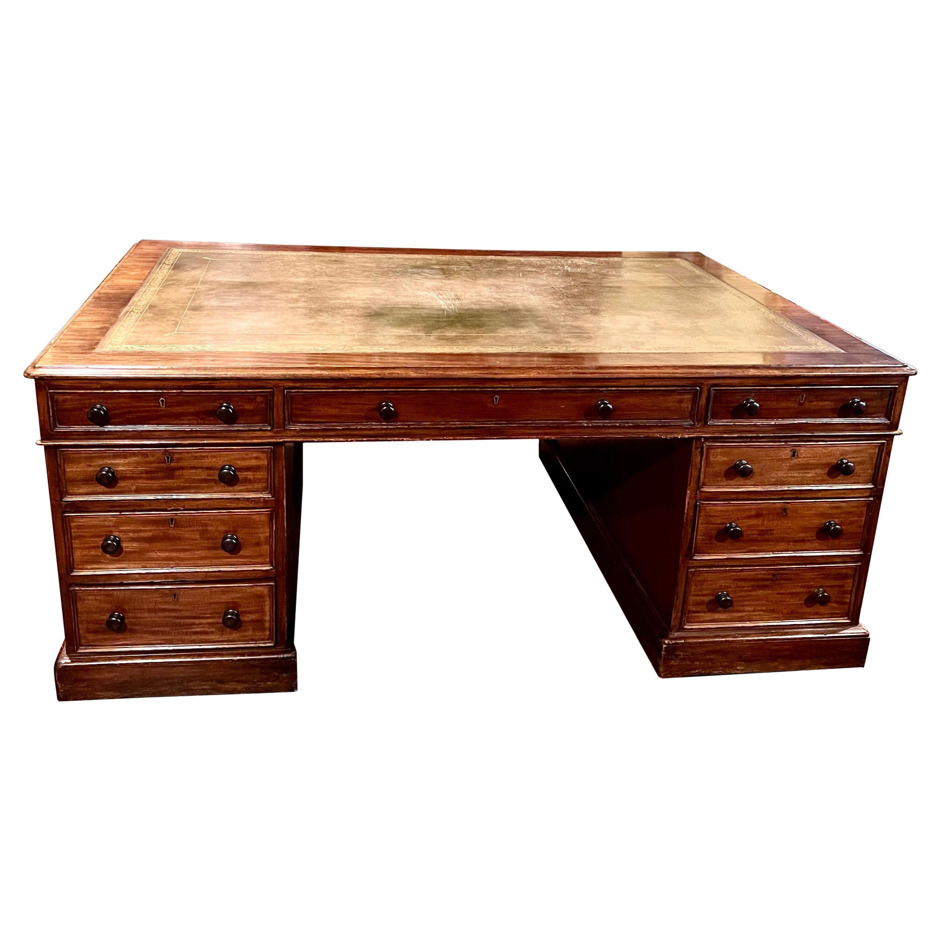 Large English Mahogany Partners Desk with Gilt-Tooled Brown Leather Top