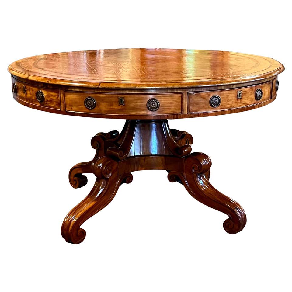English Regency Style Mahogany Drum Table with Rotating Gilt-Tooled ...