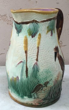 Large English Majolica Birds and Cattails Pitcher, circa 1880
