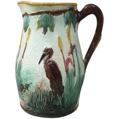 Large English Majolica Birds and Cattails Pitcher, circa 1880
