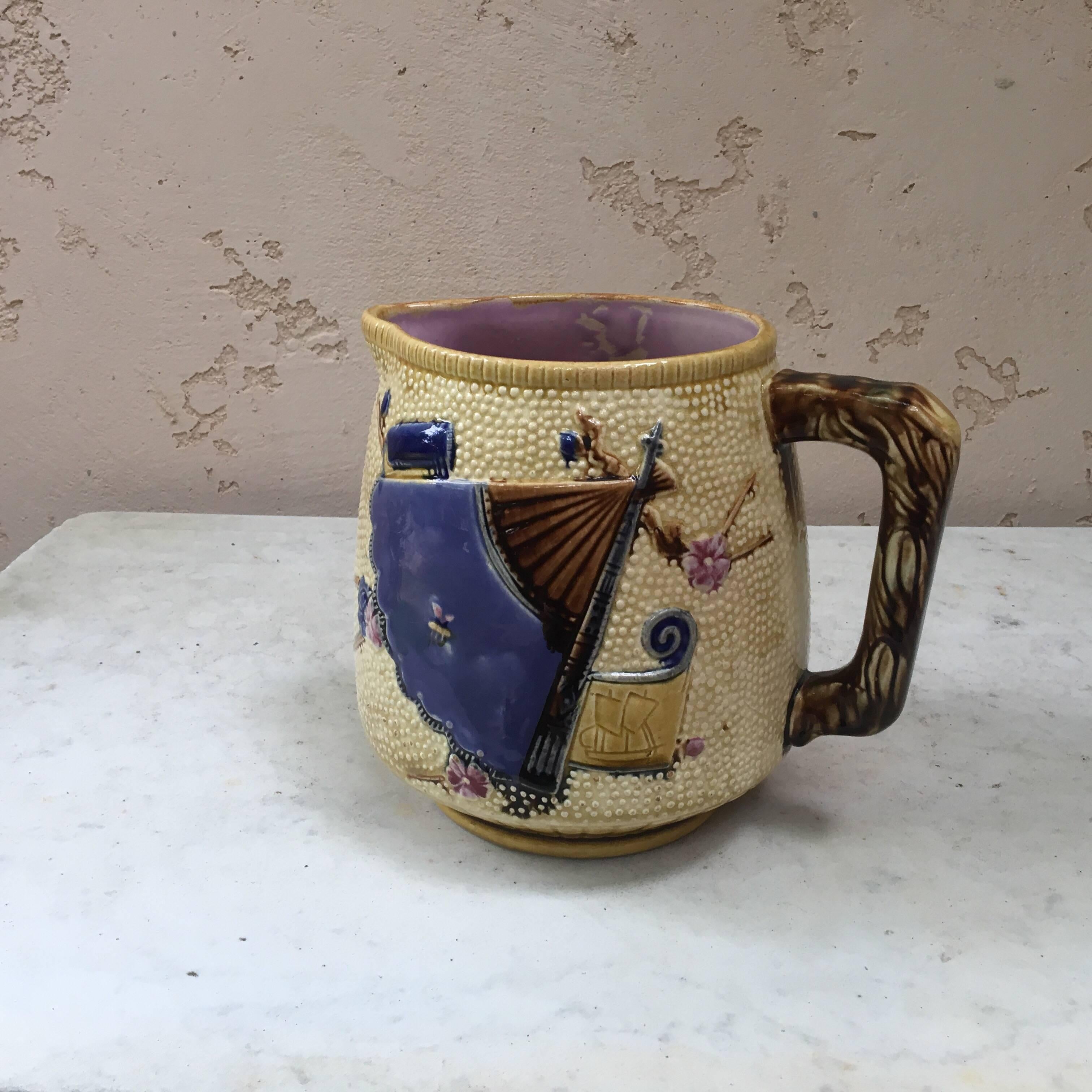 Large English Majolica Japonese Style Pitcher, circa 1880 In Good Condition For Sale In Austin, TX