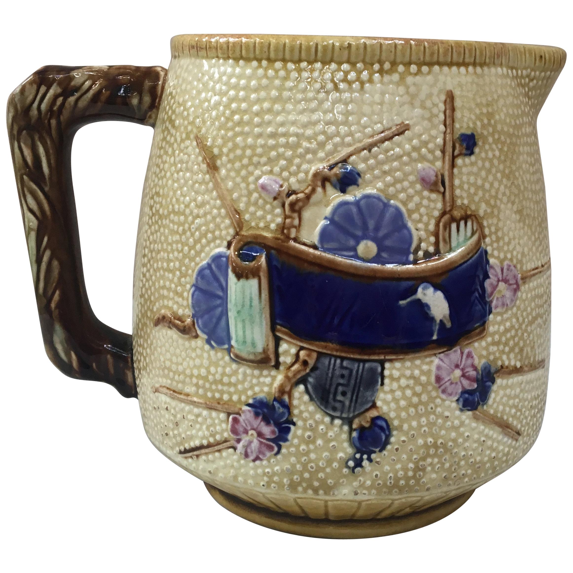 Large English Majolica Japonese Style Pitcher, circa 1880 For Sale