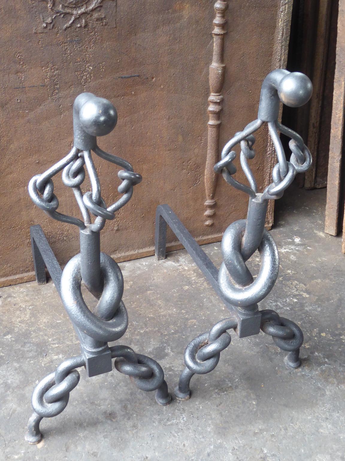 Forged Large English Modernist Firedogs or Andirons