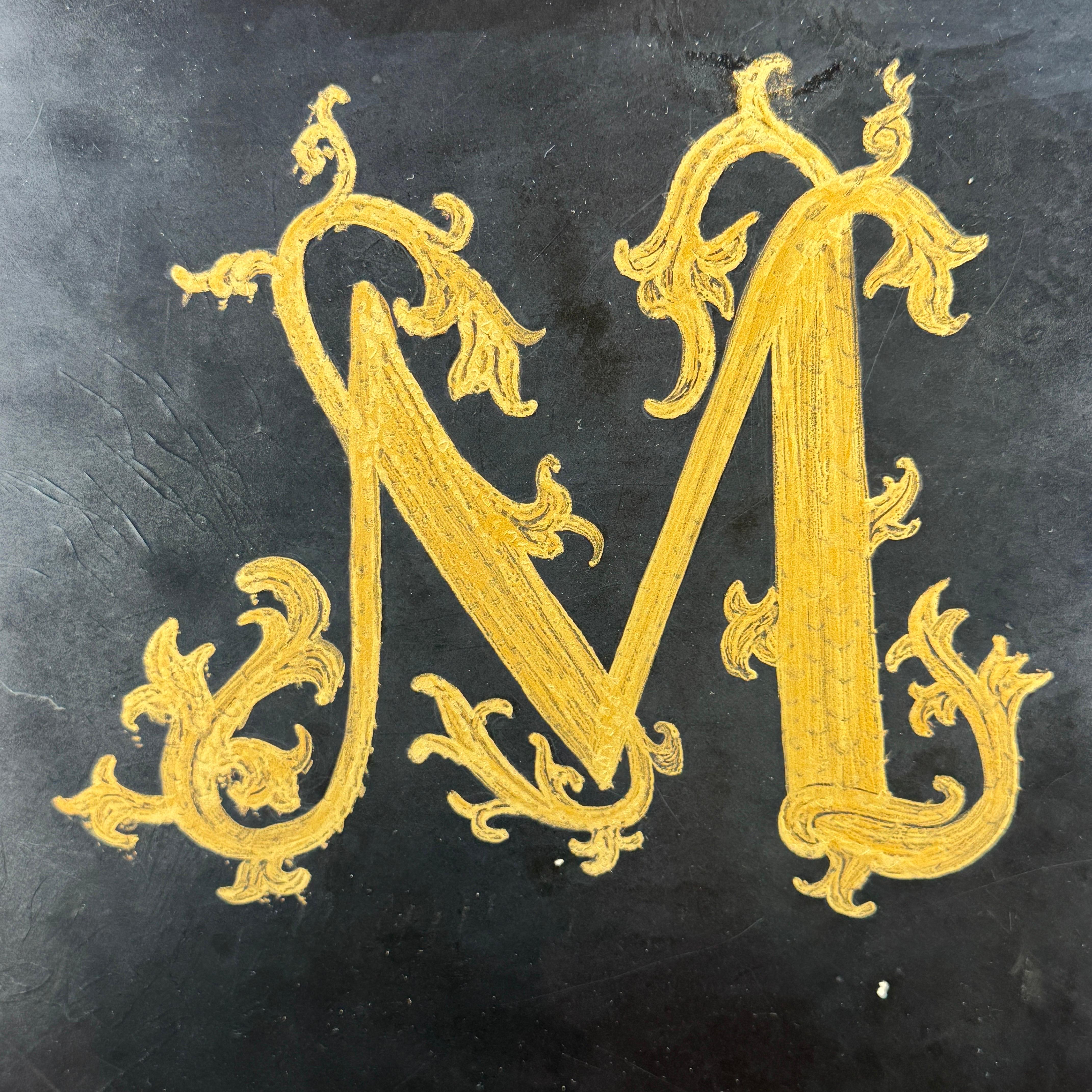 Hand-Crafted Large English Monogrammed M Painted Tole Serving Tray For Sale