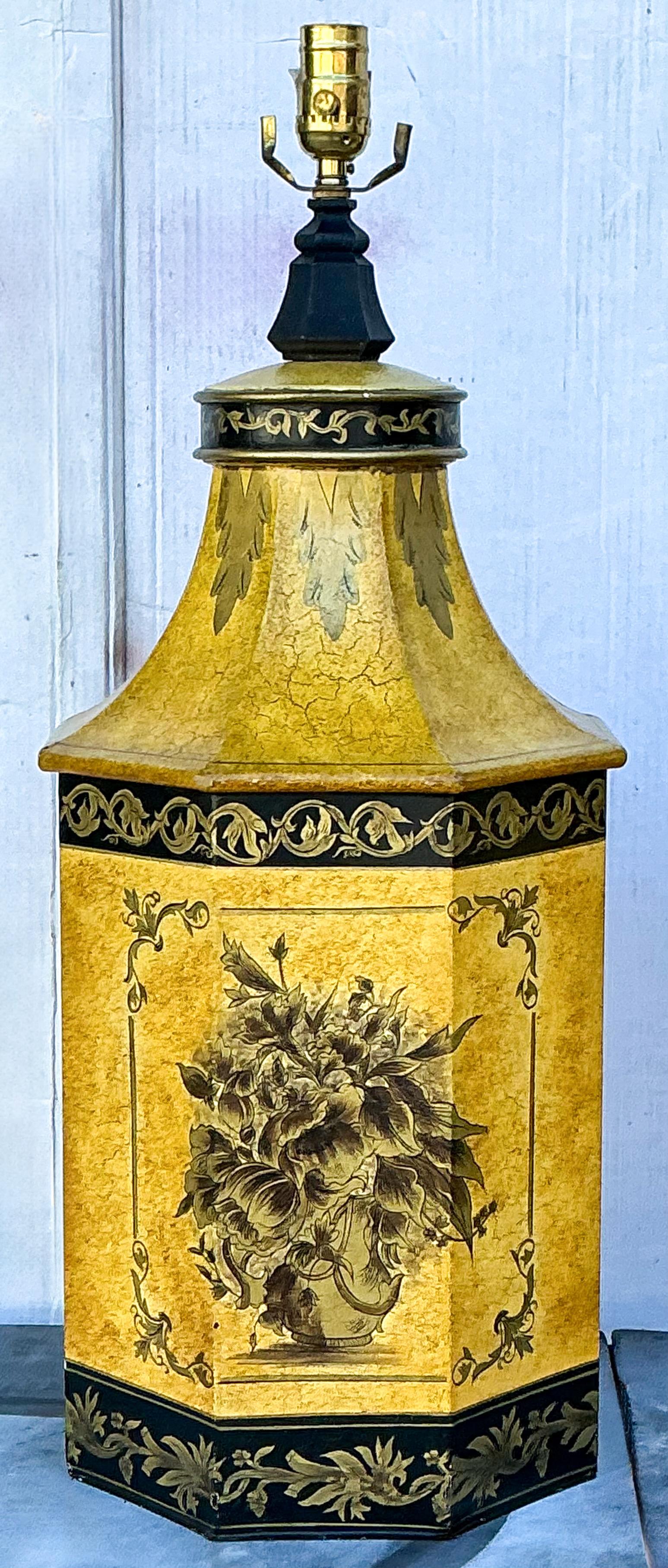 Neoclassical Large English Neo-Classical Cannister Style Tole Metal Table Lamps - Pair For Sale