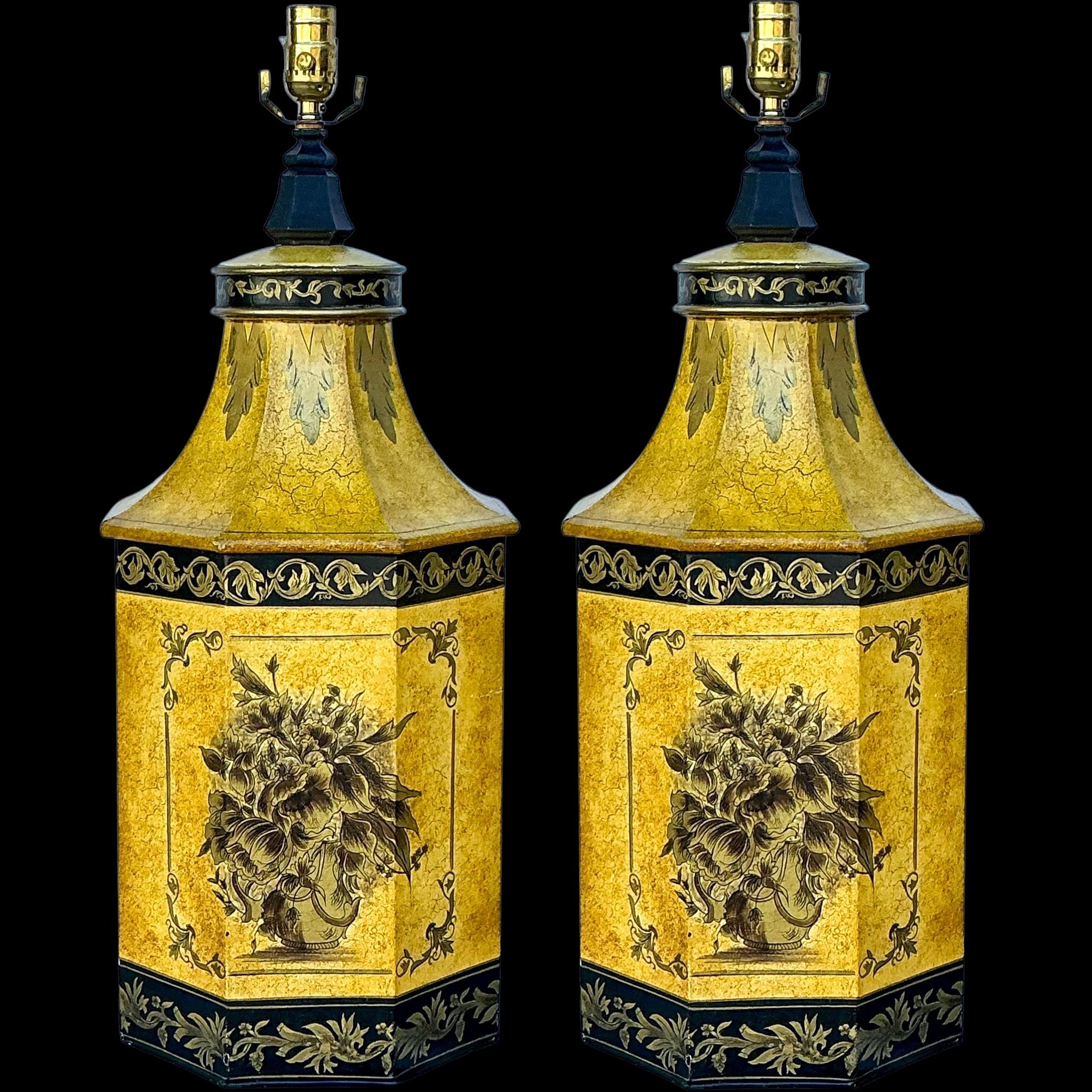 Large English Neo-Classical Cannister Style Tole Metal Table Lamps - Pair For Sale 2