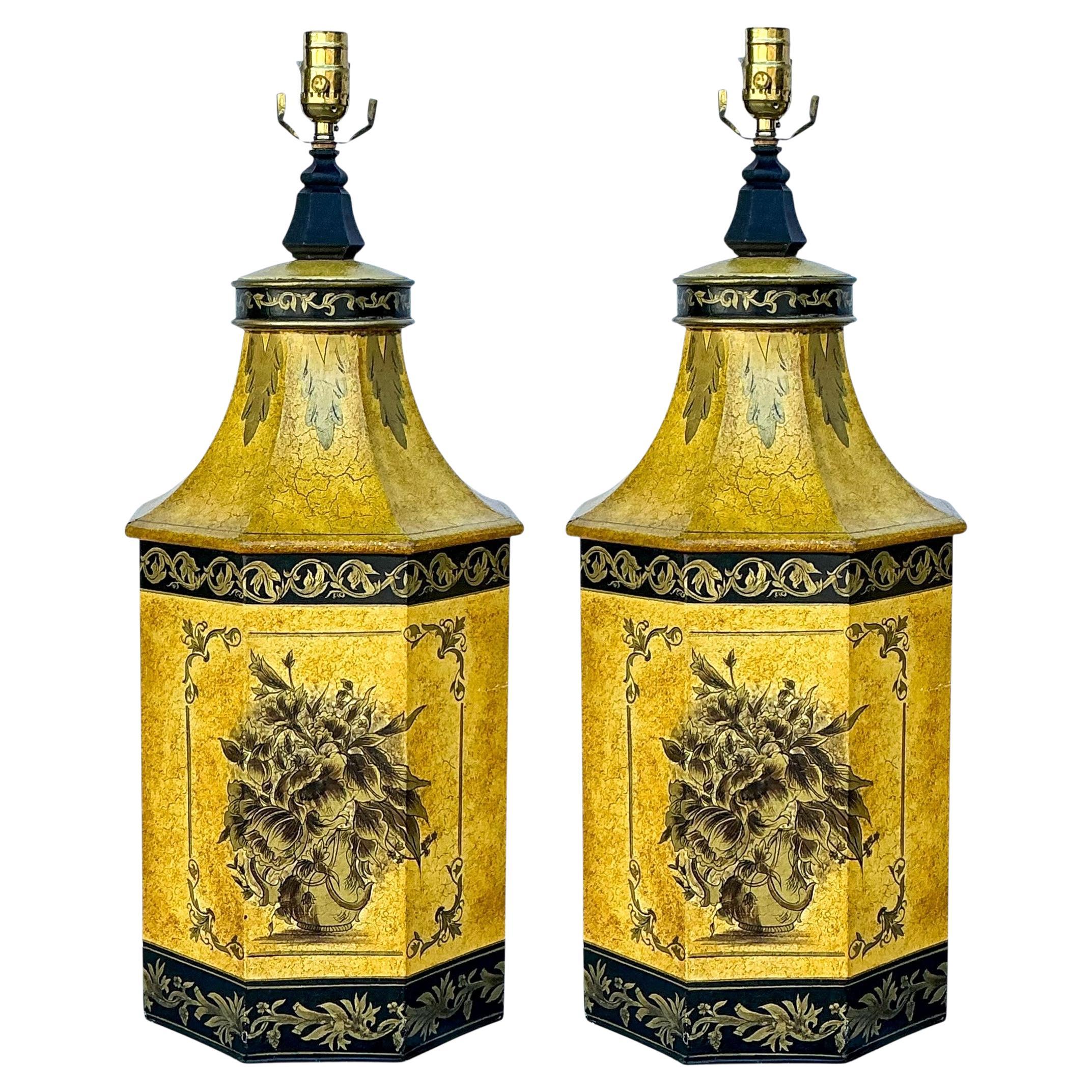 Large English Neo-Classical Cannister Style Tole Metal Table Lamps - Pair For Sale