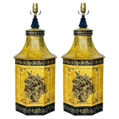 Large English Neo-Classical Cannister Style Tole Metal Table Lamps - Pair