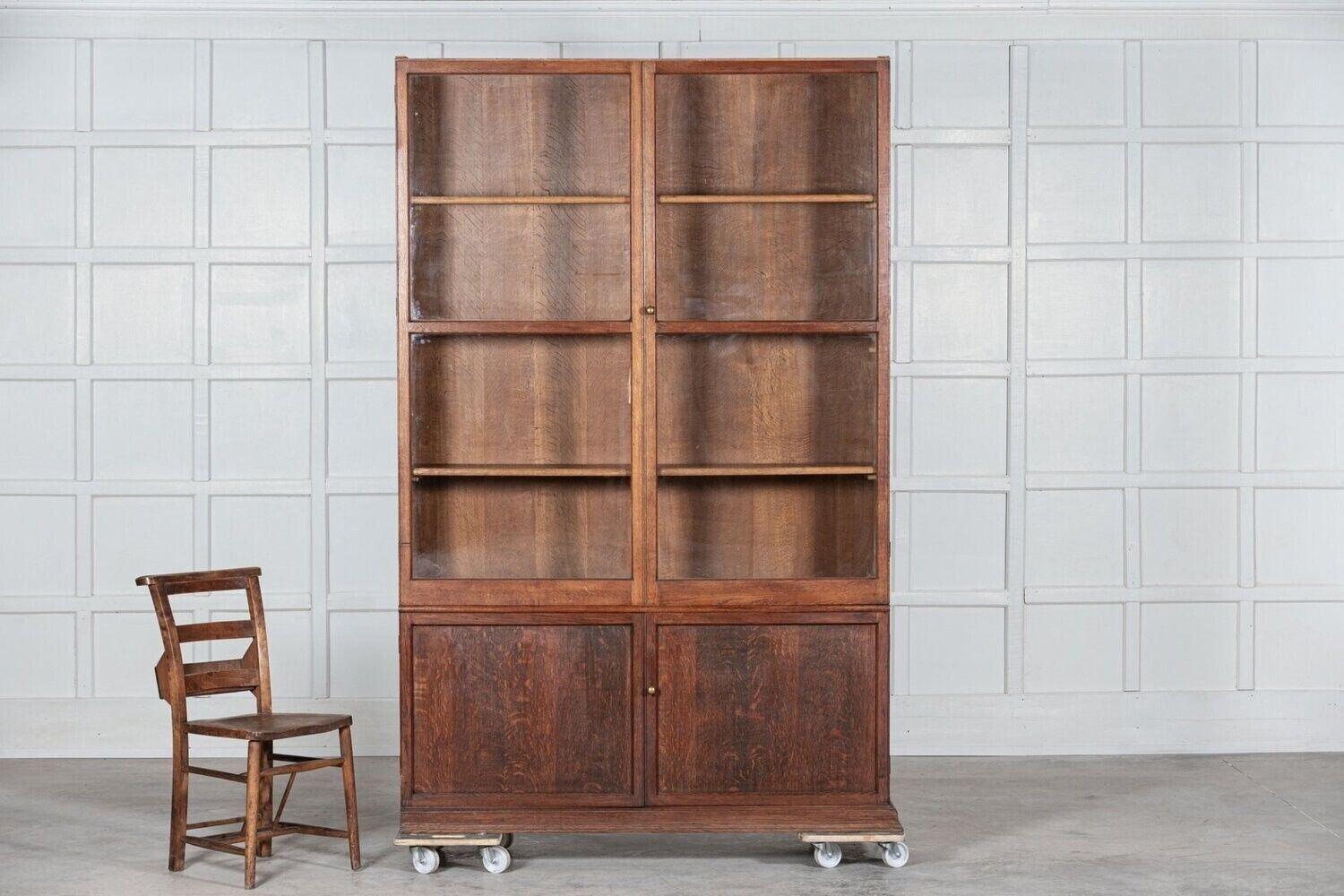 Large English Oak Glazed Bookcase Cabinet 1