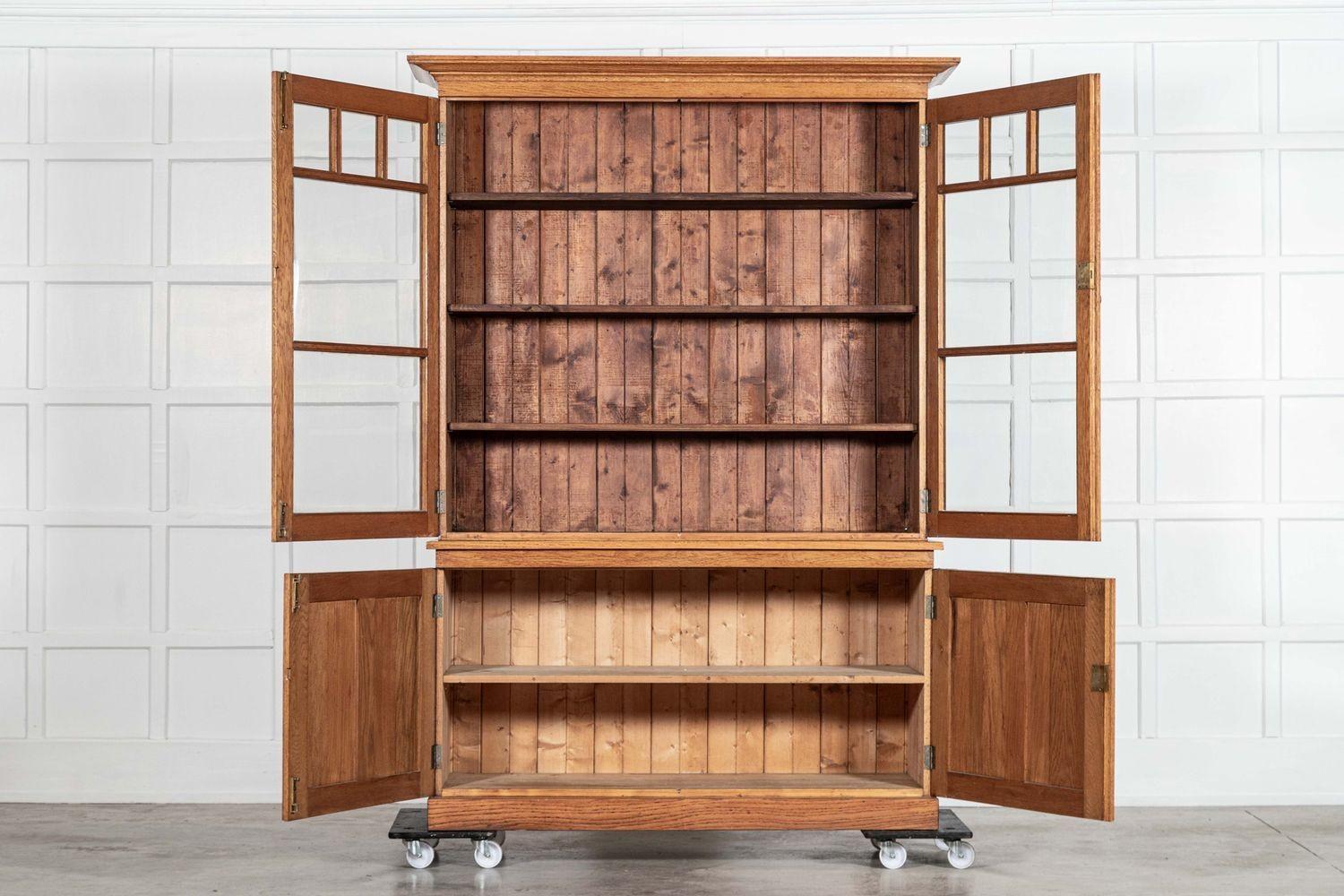 circa 1900
Large English Oak Glazed Dresser
sku 1125
Base W142 x D51 x H80 cm
Base internal shelf depth 43 cm
Top W154 x D41 x H134 cm
Top internal shelf depth 25 cm
Together W154 x D51 x H214 cm
Weight 130 kg