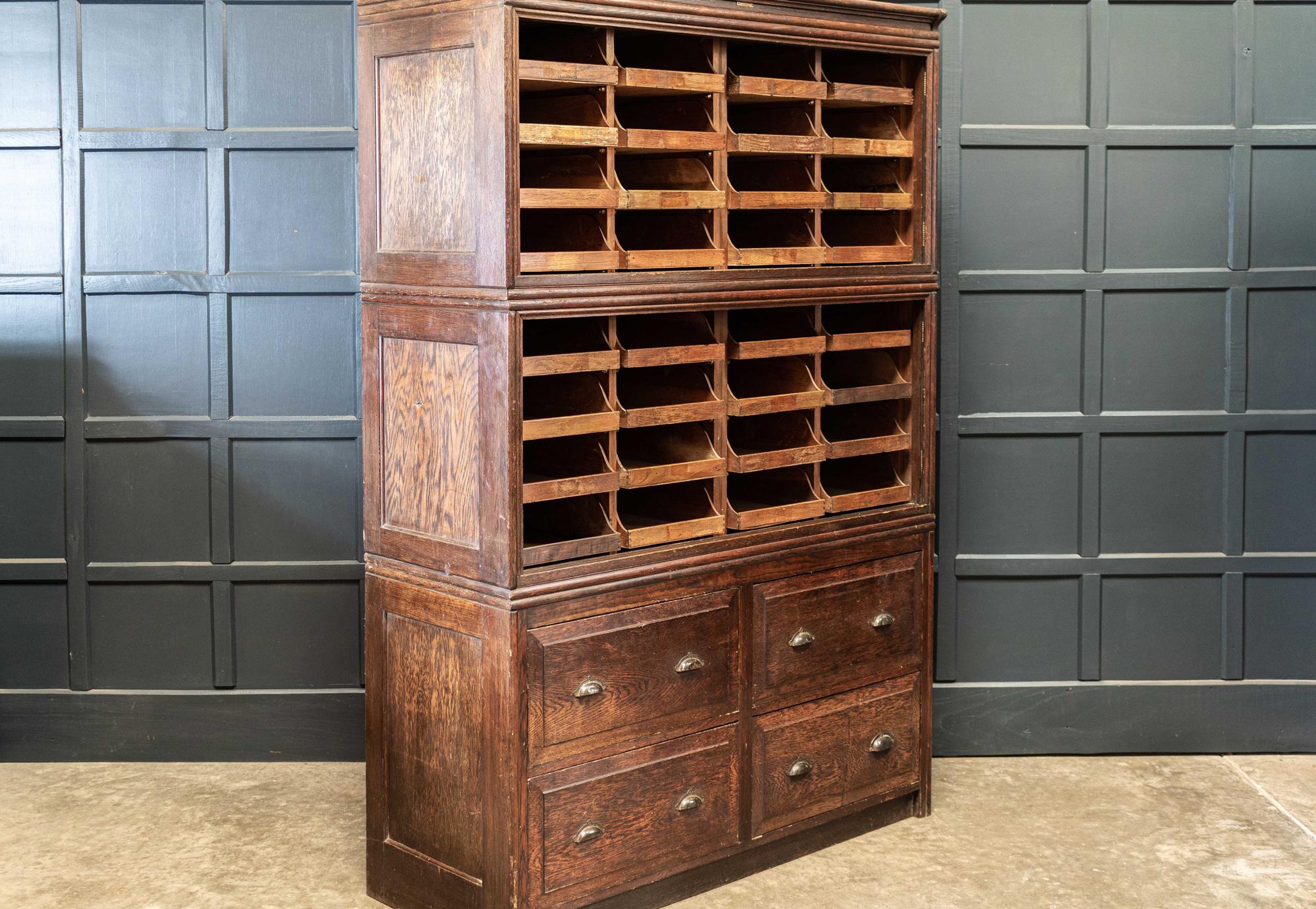 Large English oak haberdashery shop fitters cabinet. Makers mark 