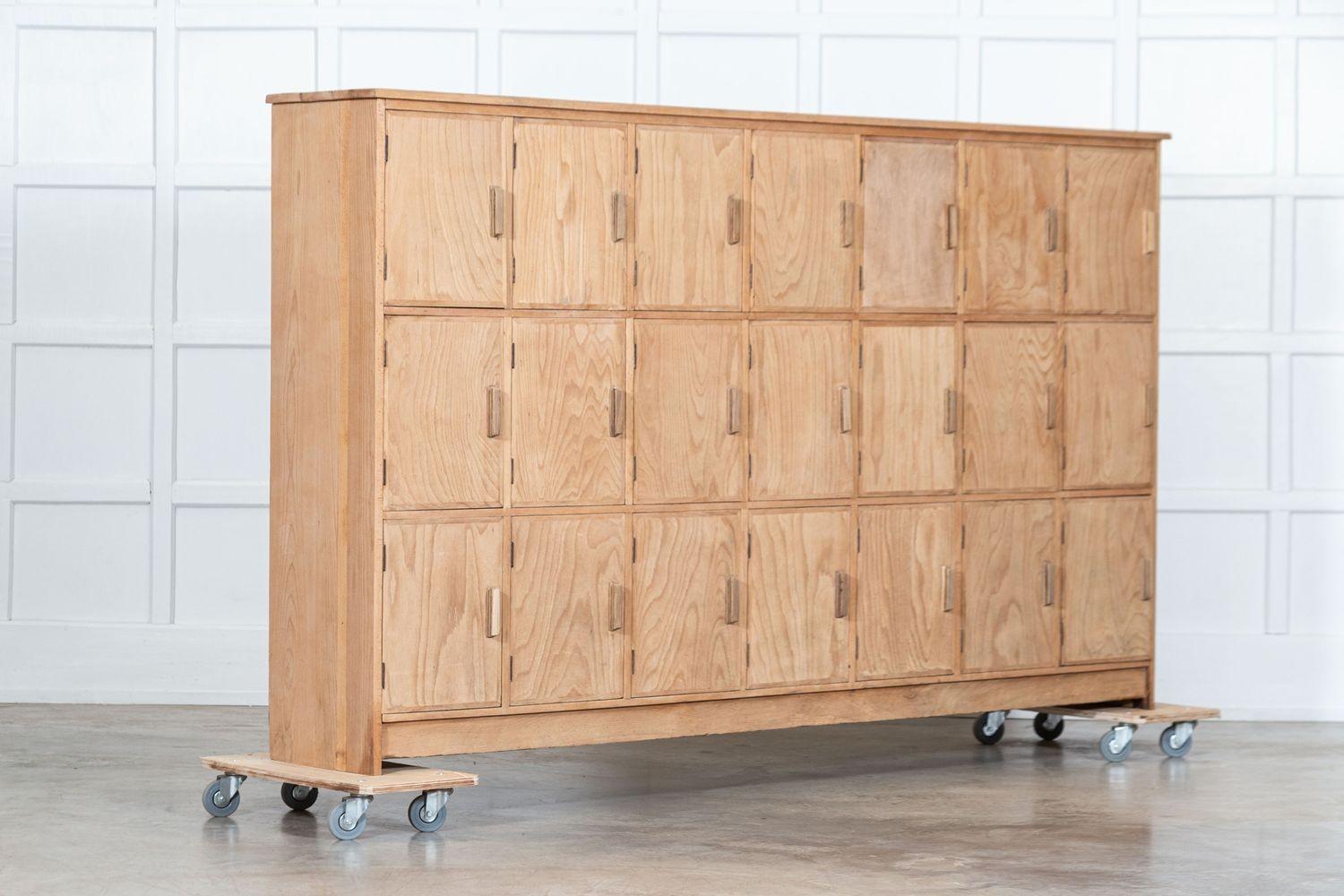 circa 1930
Large English Oak & Pine Locker Cabinet
sku 1858
W234 x D38 x H135 cm
Internal Shelf depth 32.5 cm
Weight 121 kg