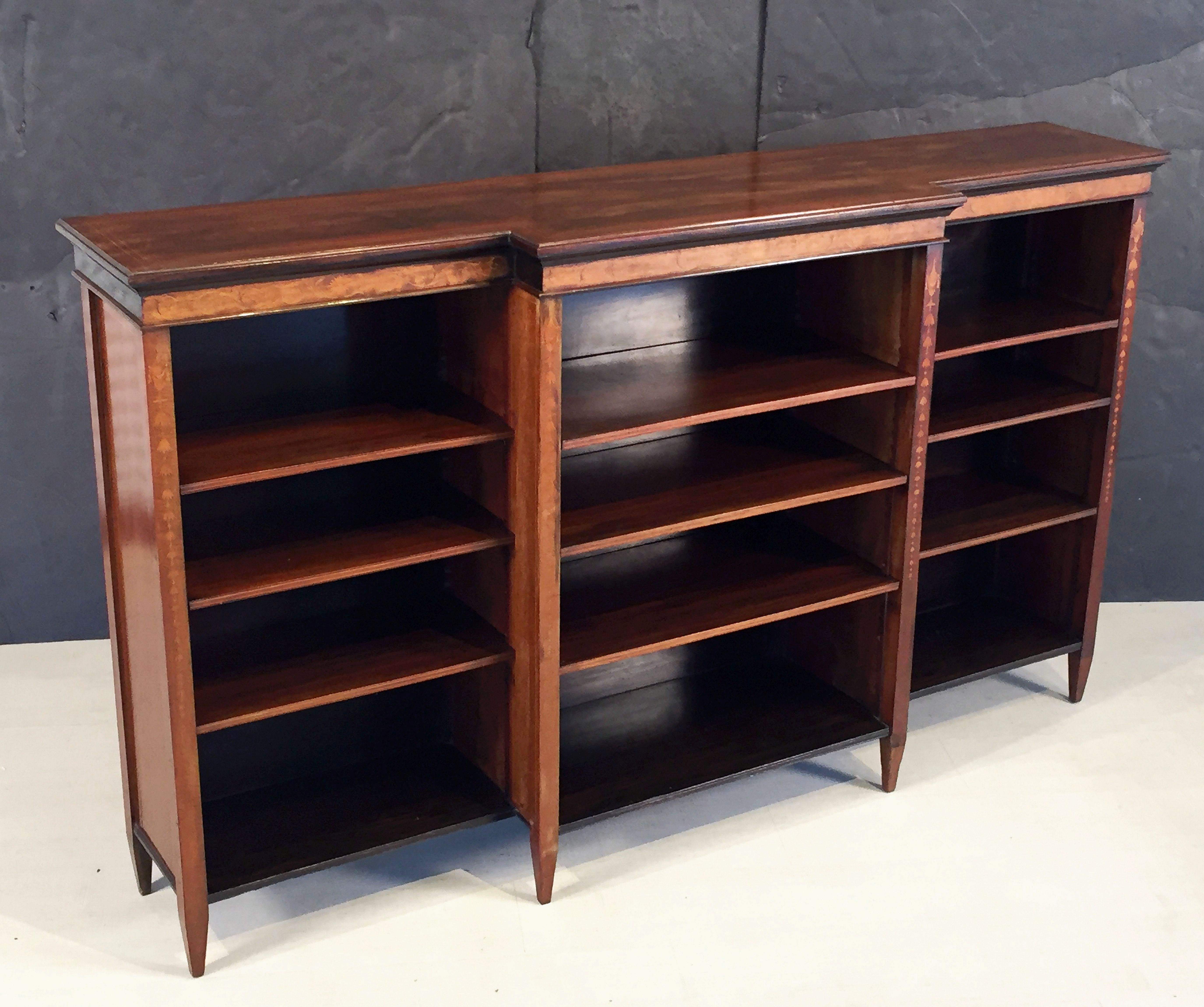 Large English Open Break Front Bookcase of Inlaid Mahogany In Excellent Condition In Austin, TX