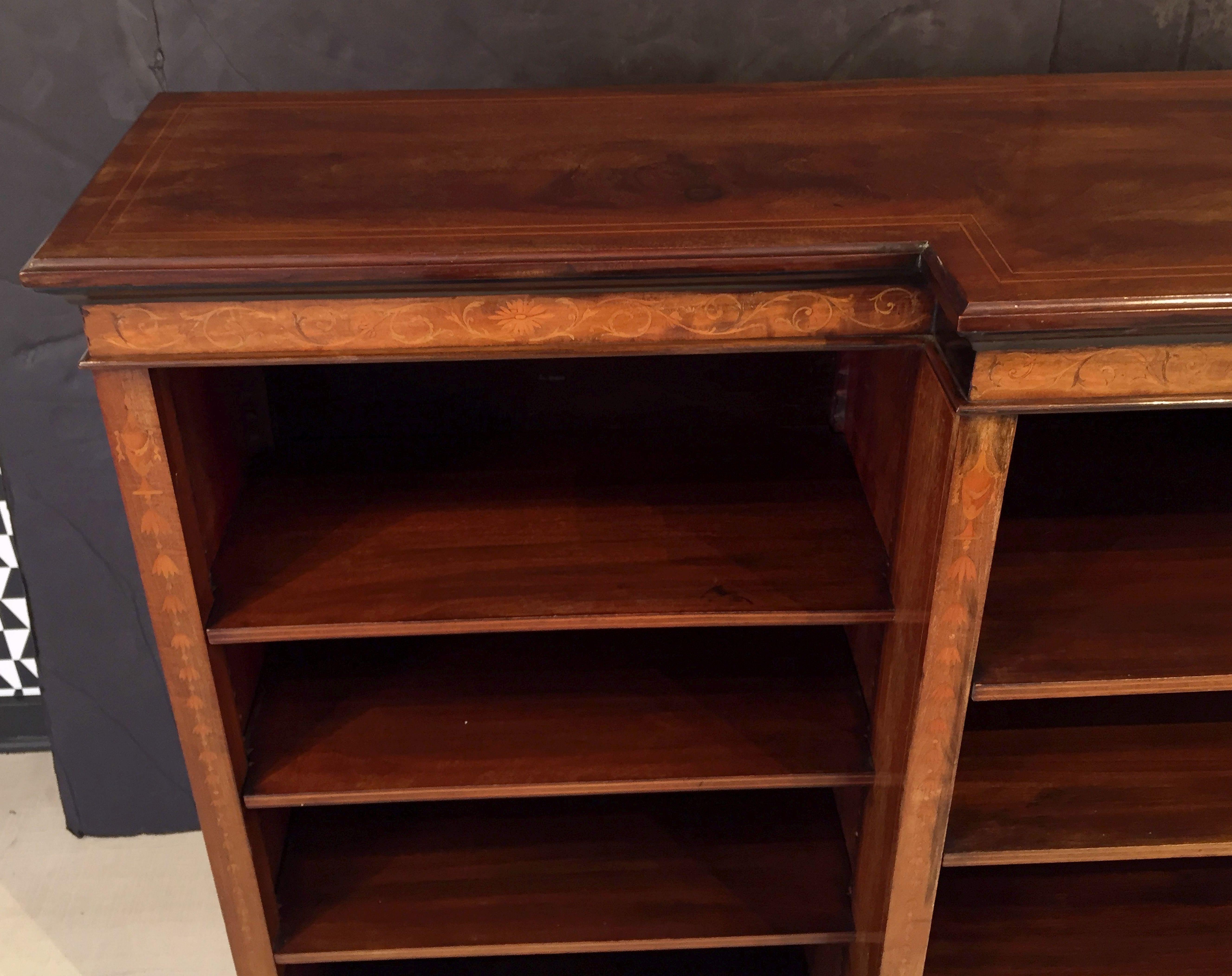 Large English Open Break Front Bookcase of Inlaid Mahogany 1