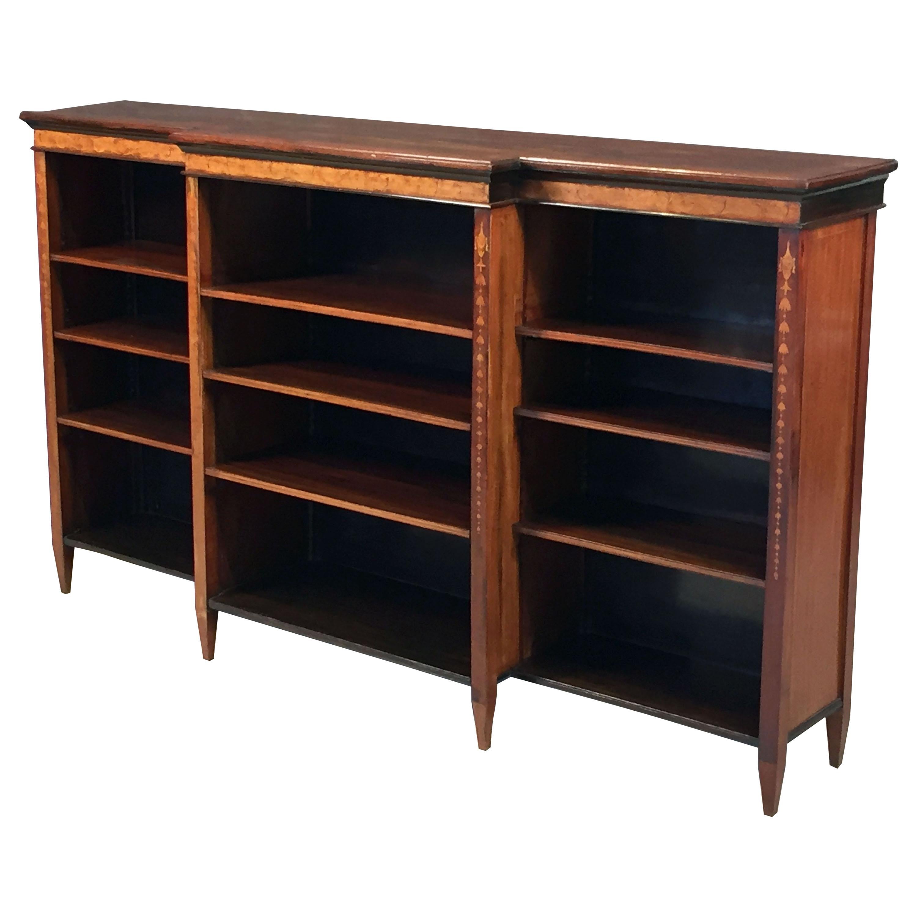 Large English Open Break Front Bookcase of Inlaid Mahogany