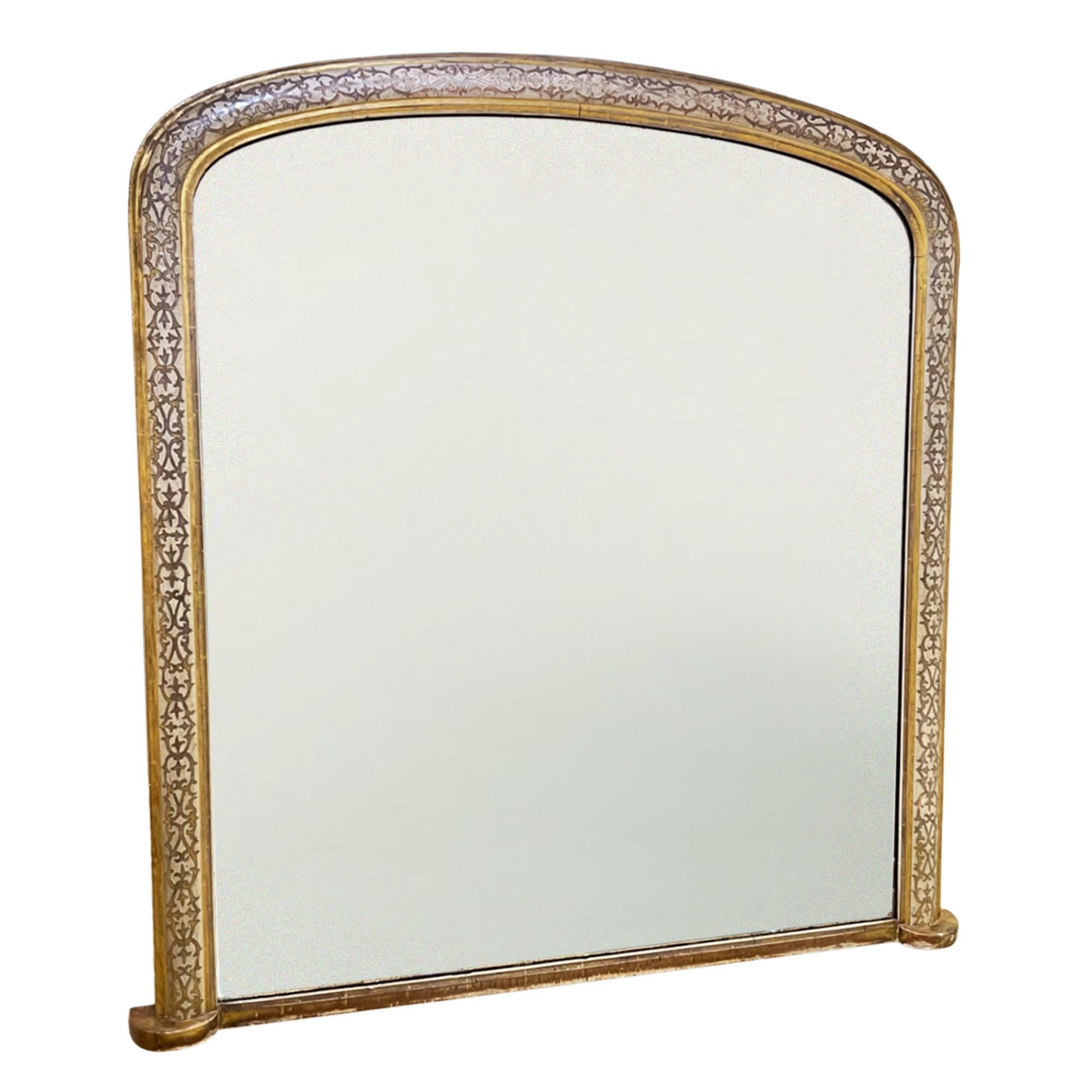 This is a really decorative mirror.

Made in England in 19th century.

The antiqued glass is slightly foxed consistent with it's age and the original paint is slightly faded in places too. Please take a close look by browsing all our photographs.