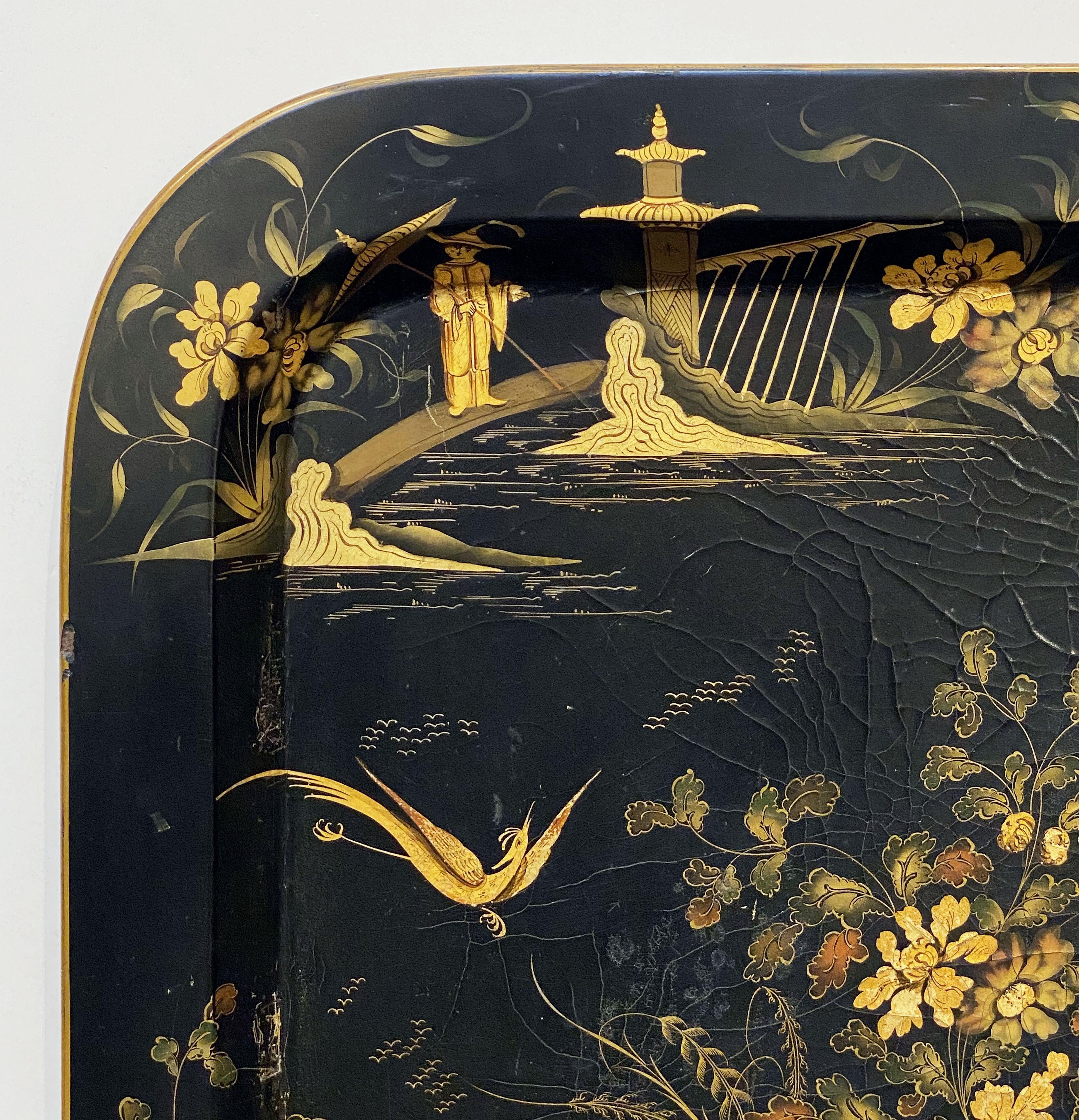 Large English Papier-Mâché Chinoiserie Tray (H 23 3/4 x W 30 1/4) In Good Condition In Austin, TX