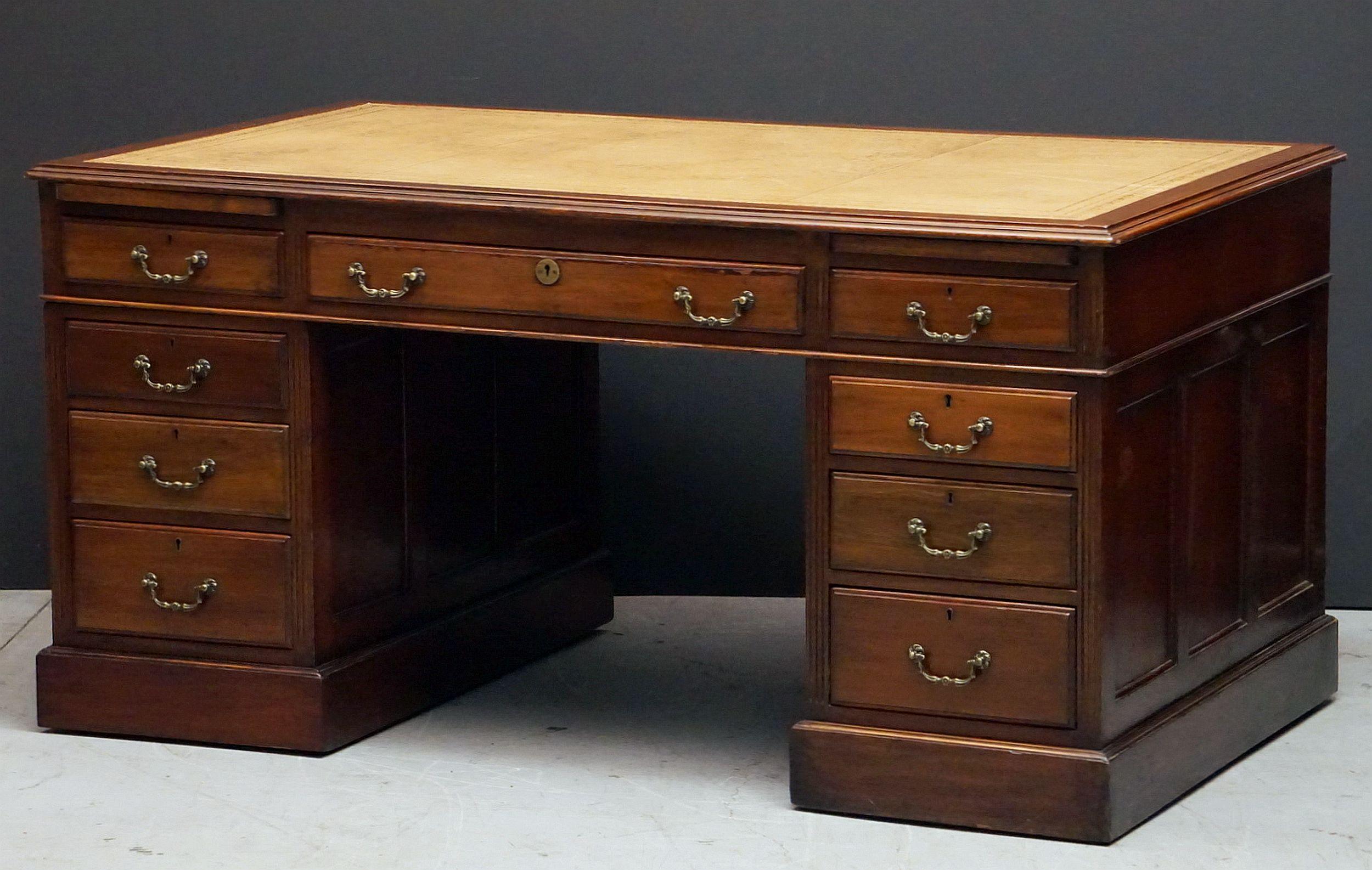 Metal Large English Partner's Pedestal Desk of Mahogany