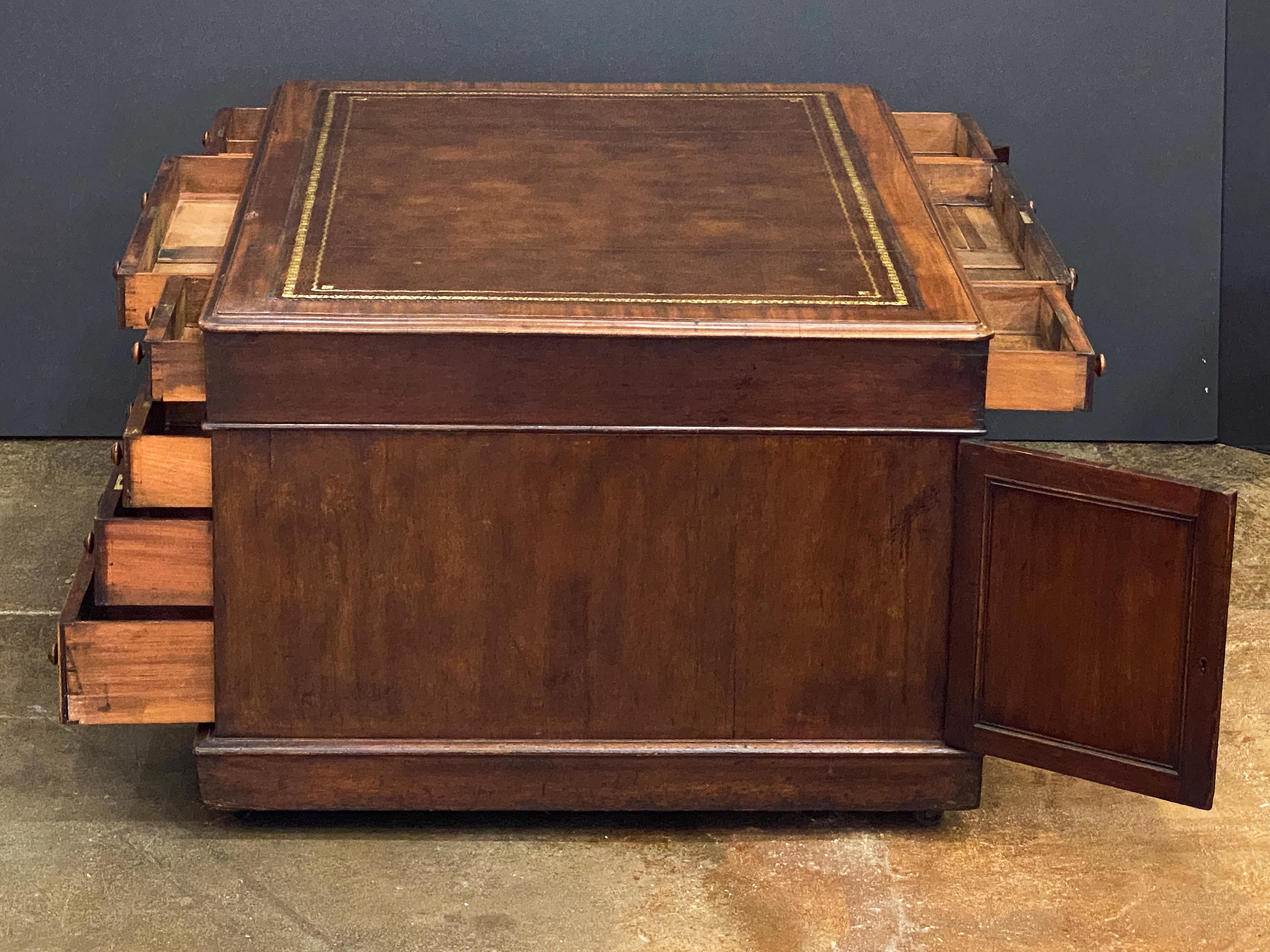 Large English Partner's Pedestal Desk of Mahogany with Embossed Leather Top For Sale 5