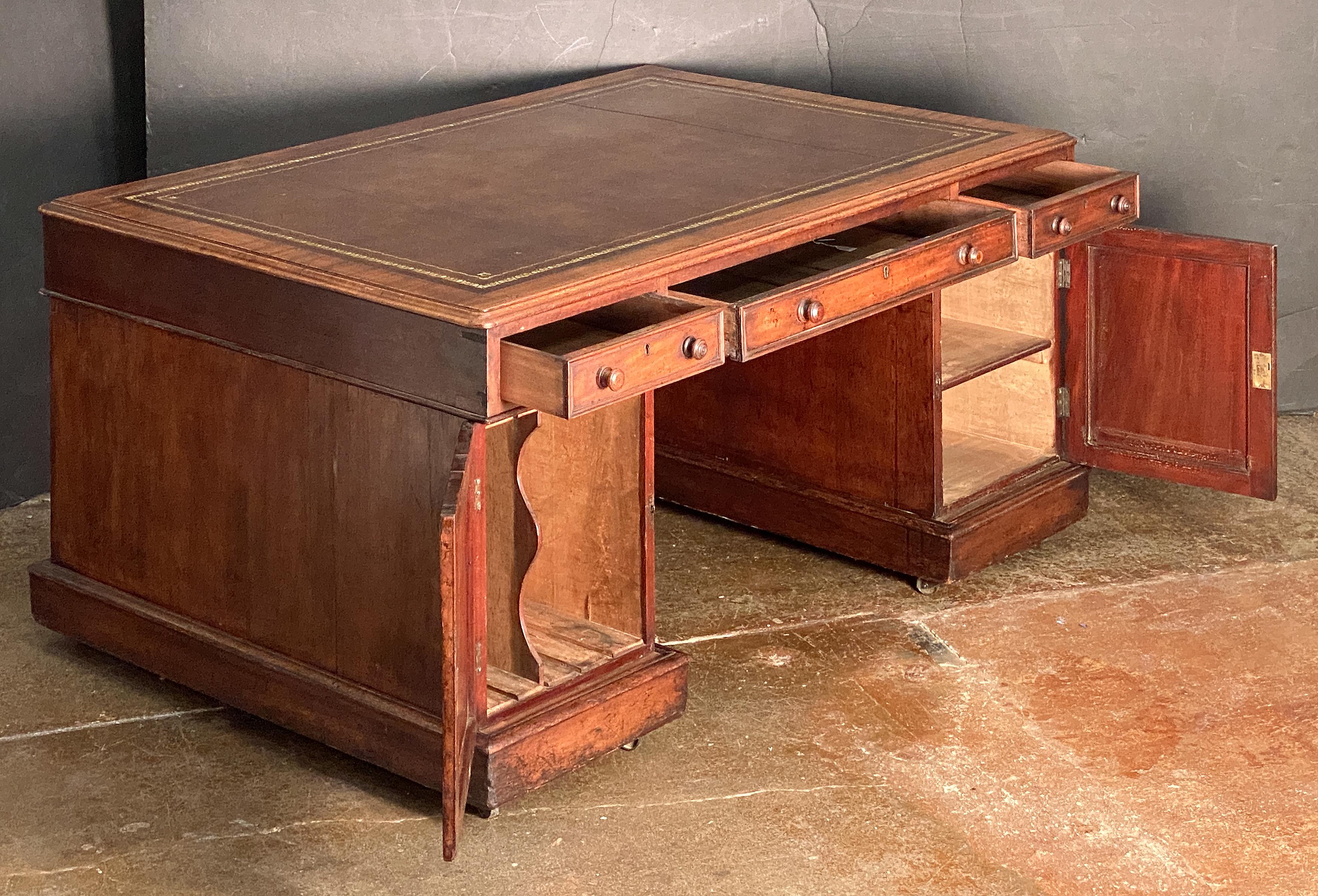 Large English Partner's Pedestal Desk of Mahogany with Embossed Leather Top For Sale 8