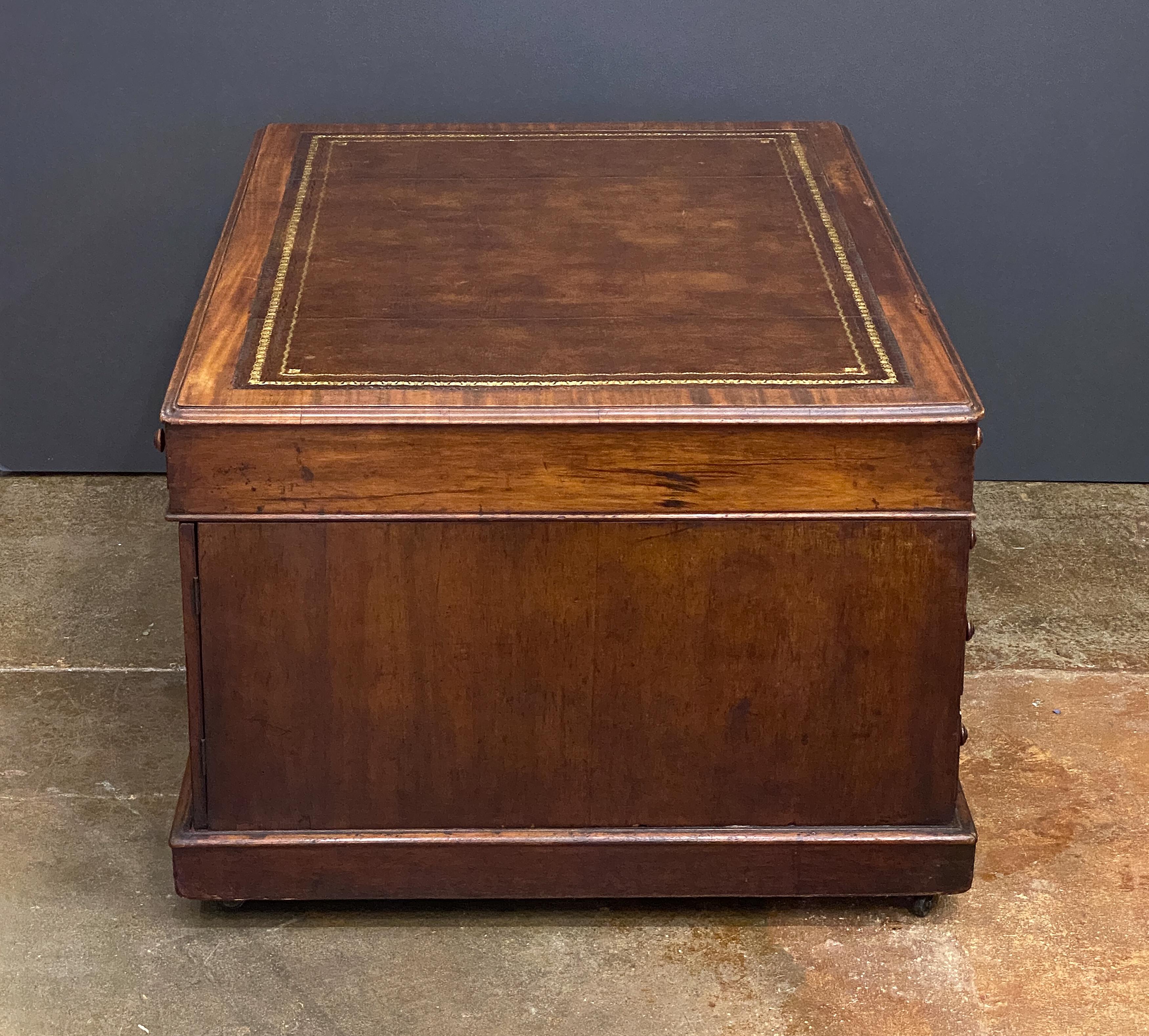 Large English Partner's Pedestal Desk of Mahogany with Embossed Leather Top For Sale 2
