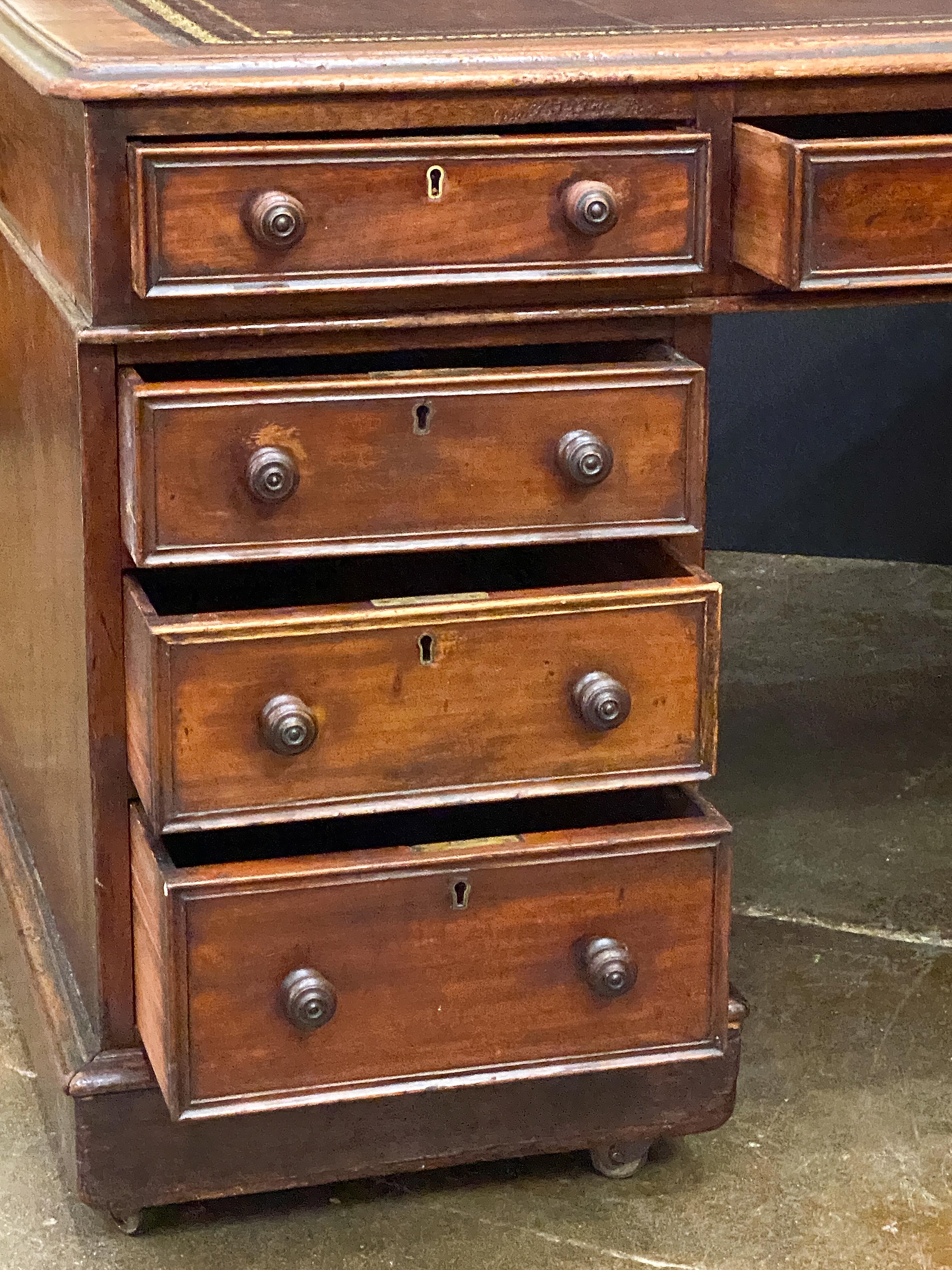 Large English Partner's Pedestal Desk of Mahogany with Embossed Leather Top For Sale 3