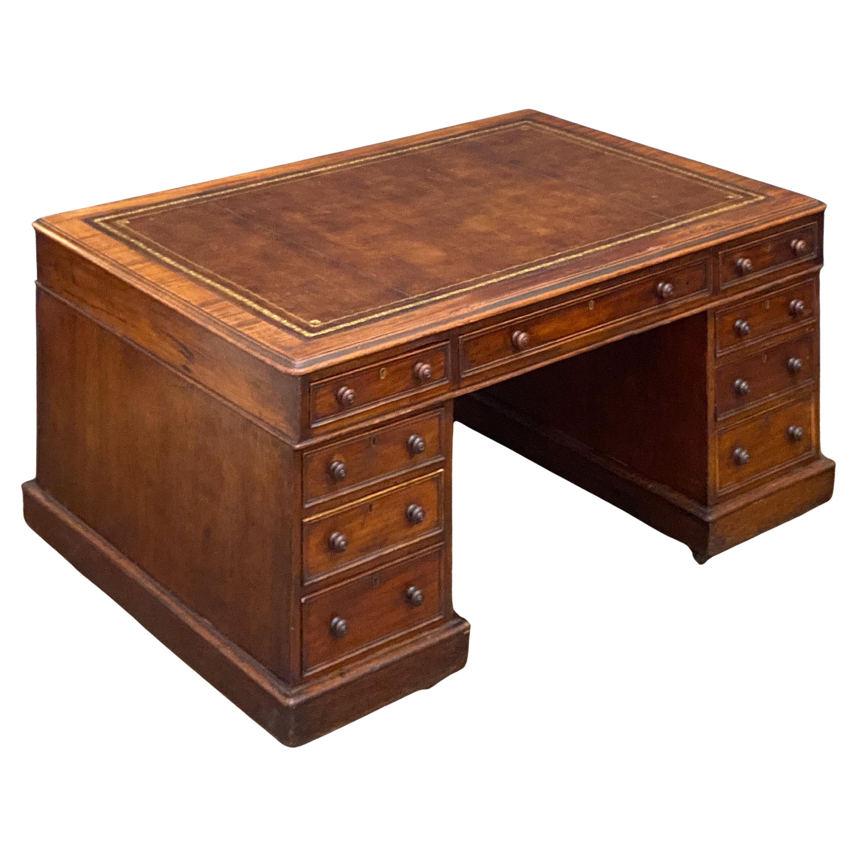 Large English Partner's Pedestal Desk of Mahogany with Embossed Leather Top For Sale